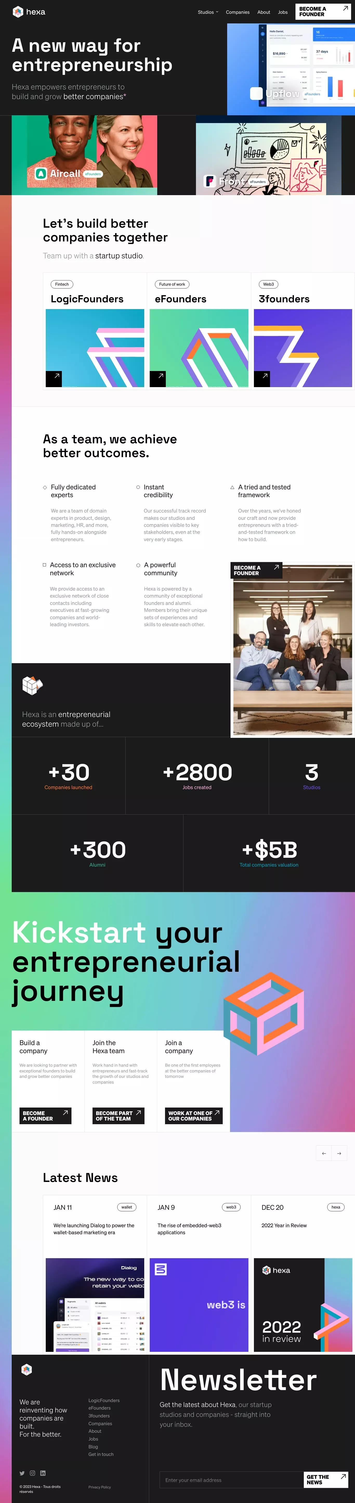 Hexa - A new way for entrepreneurship landing page screenshot showcasing Design and Tech design