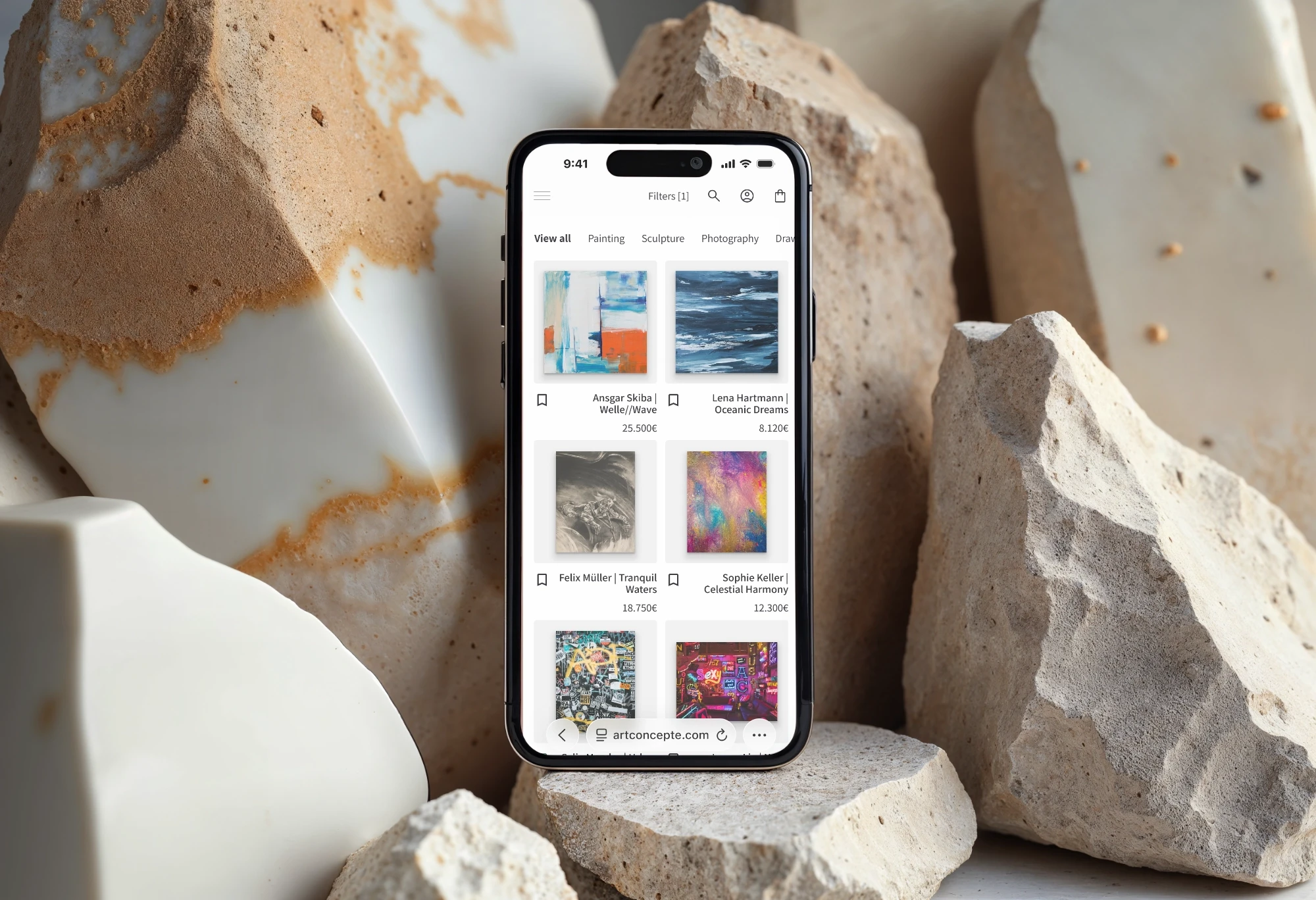 Die Galerieansicht von Artconcepte, angezeigt auf einem Iphone.