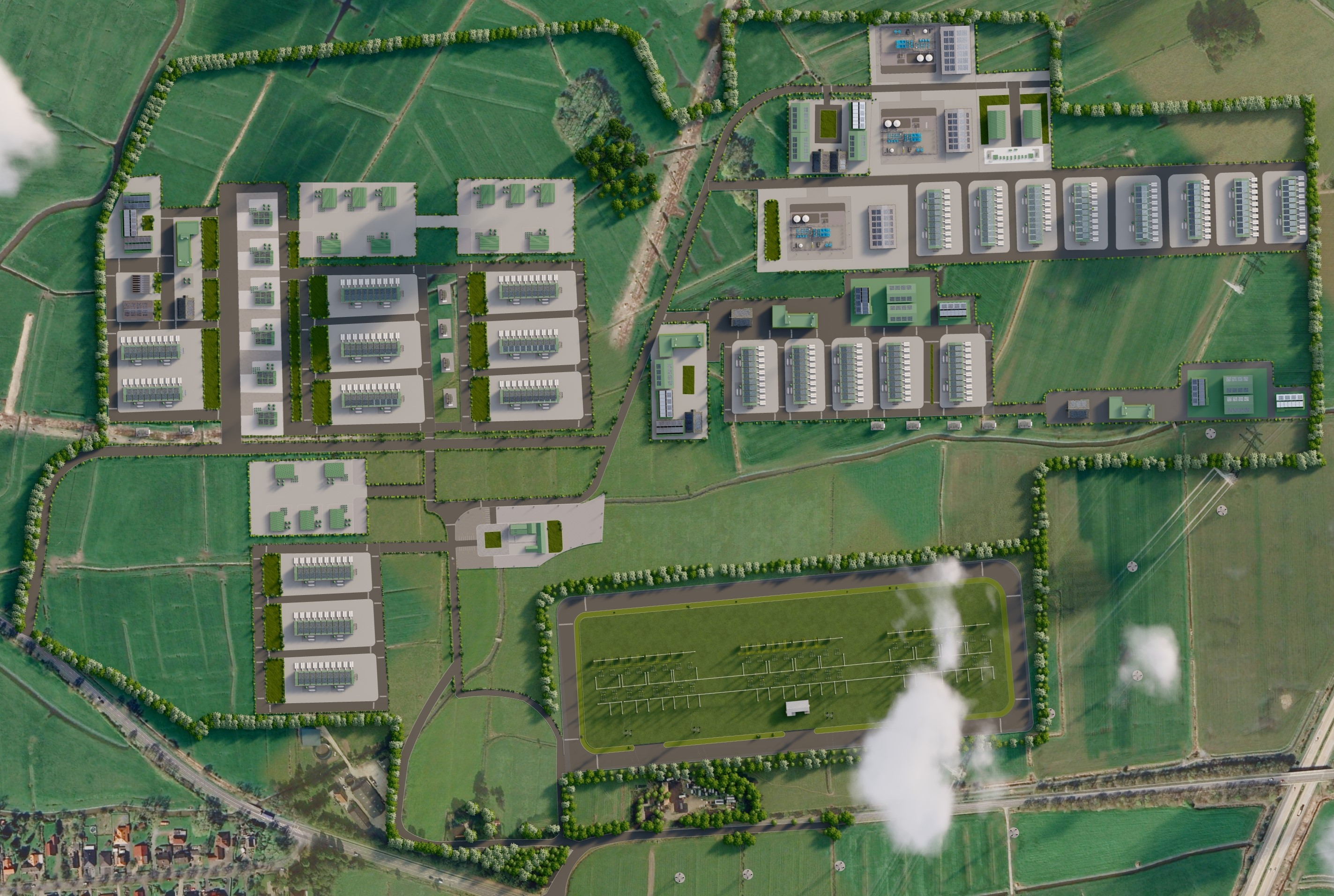 Luftaufnahme einer großen, komplexen Anlage mit Gebäuden und Grünflächen.