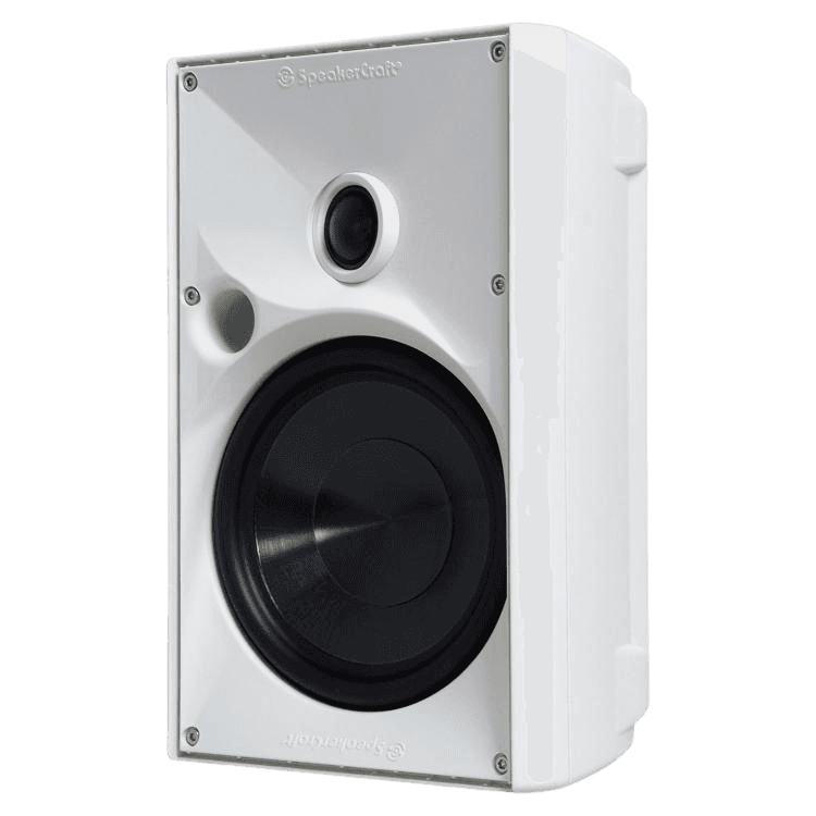 White outdoor speaker with black woofer and tweeter