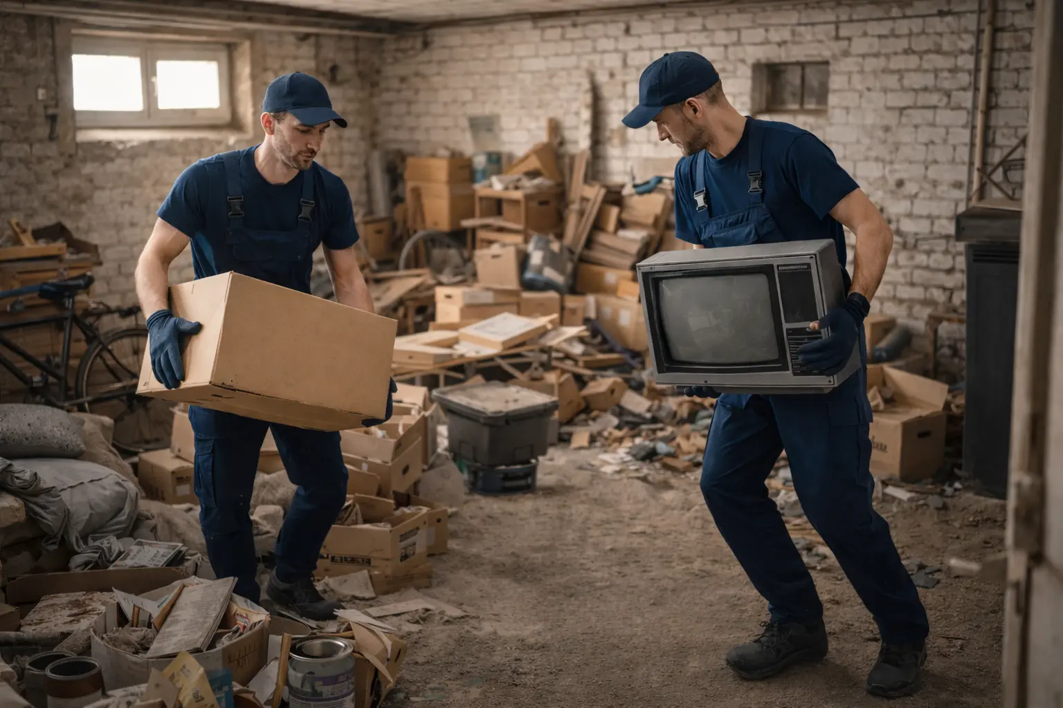 Zwei Männer bei der Kellerentrümpelung.