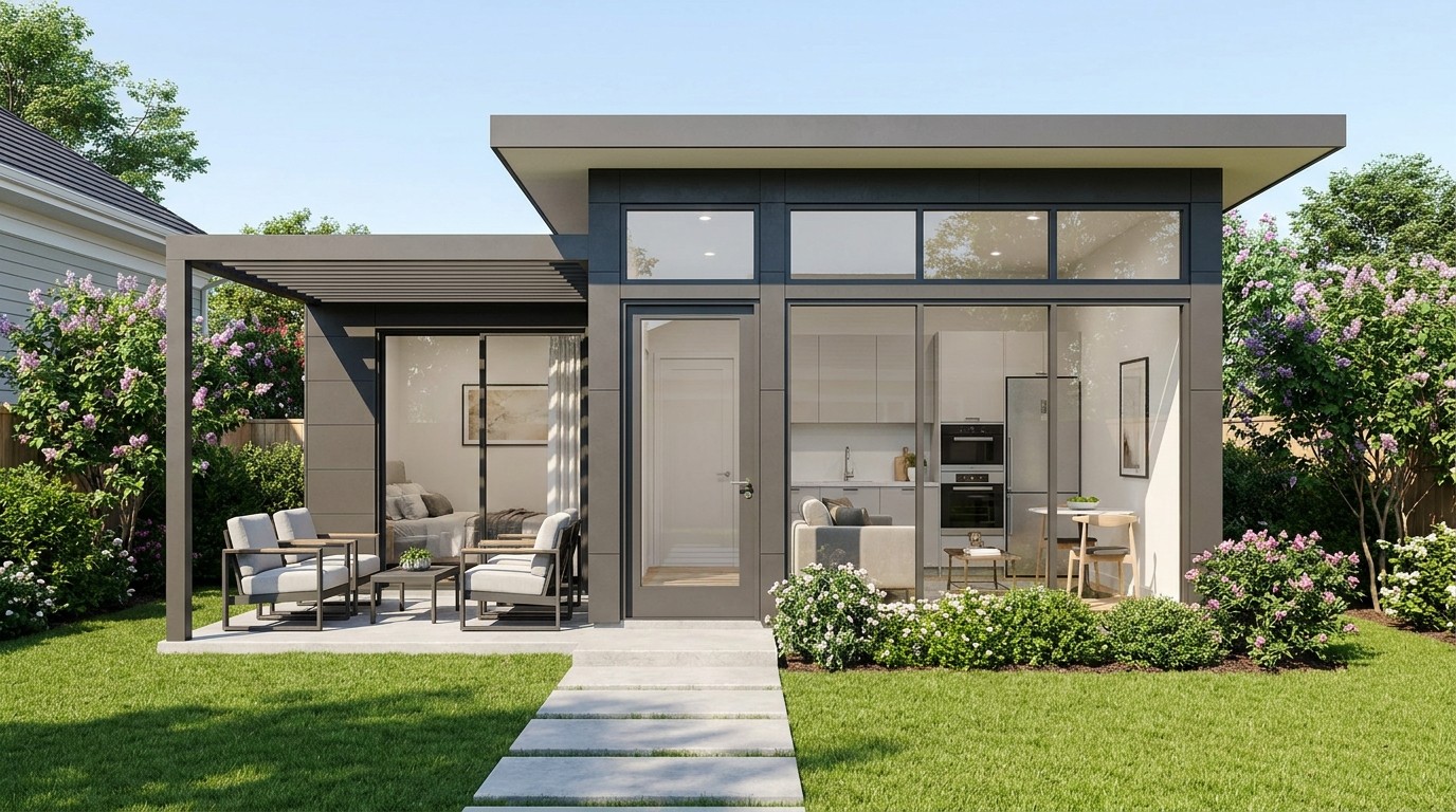 Small detached ADU with separate entrance, private outdoor seating area, large windows, modern architecture, compact independent living space