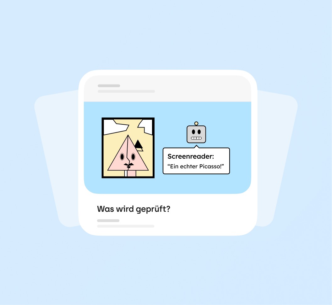 Die Maskottchen von Gehirngerecht Digital unterhalten sich über Screenreader. Warunter sertht die Frage: Was wird gerprüft.