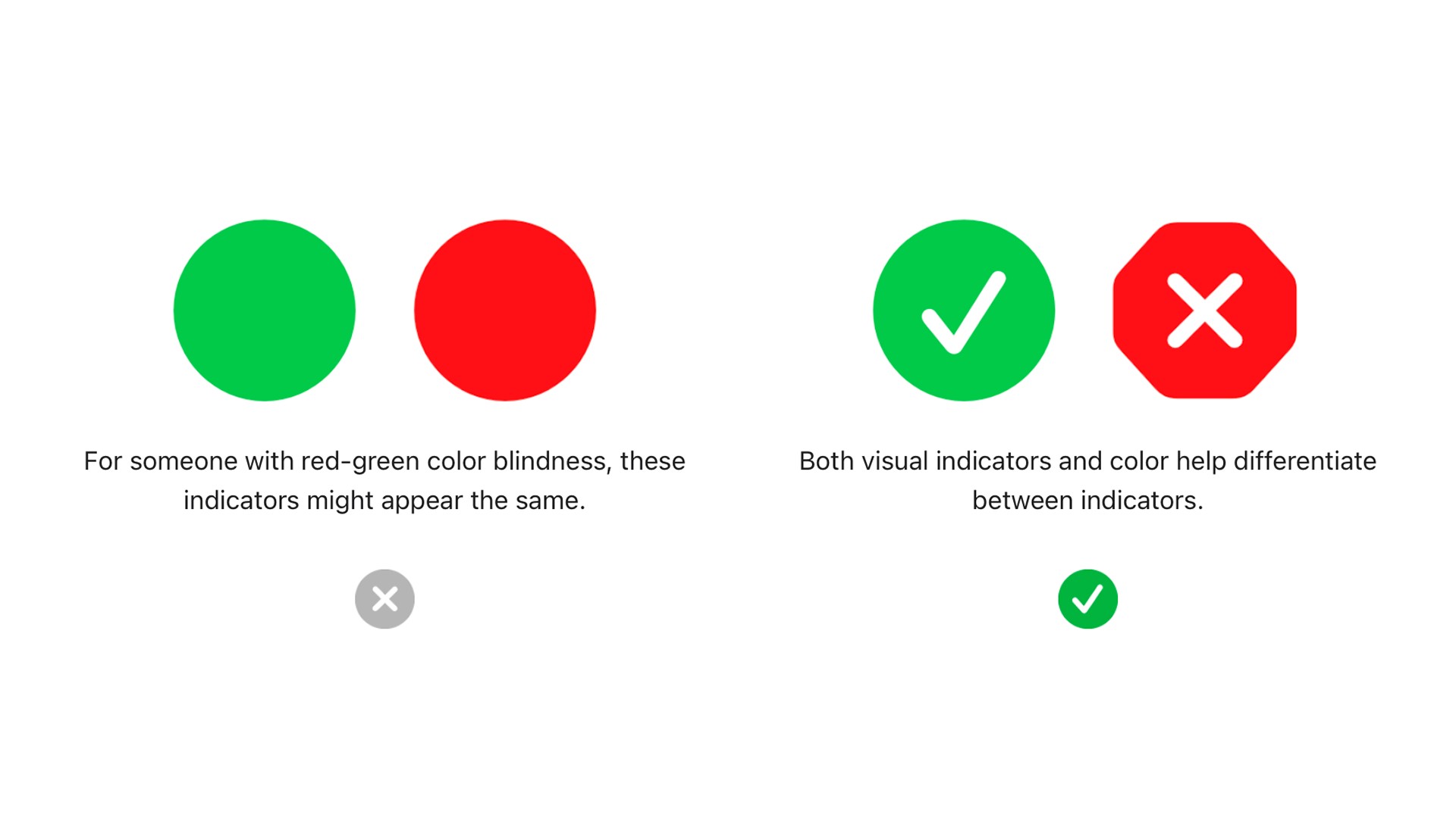 Screenshot of color blind accessibility section showing how to properly use shapes and icons as well as color to convey information.