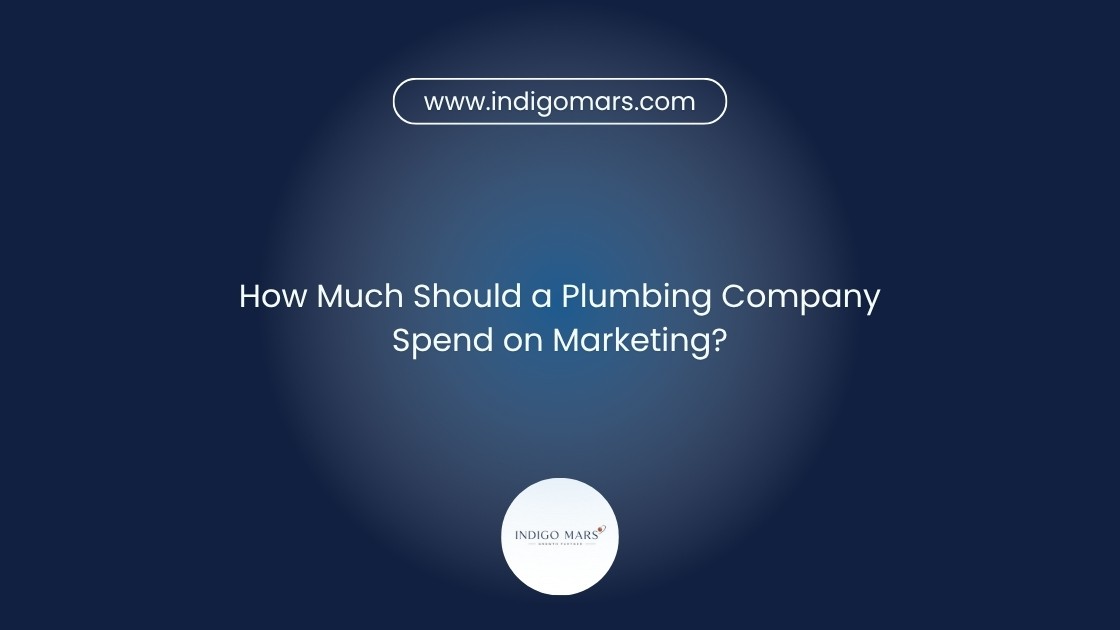 Dark navy banner reading "How Much Should a Plumbing Company Spend on Marketing?" with the indigomars.com URL badge and Indigo Mars circular logo