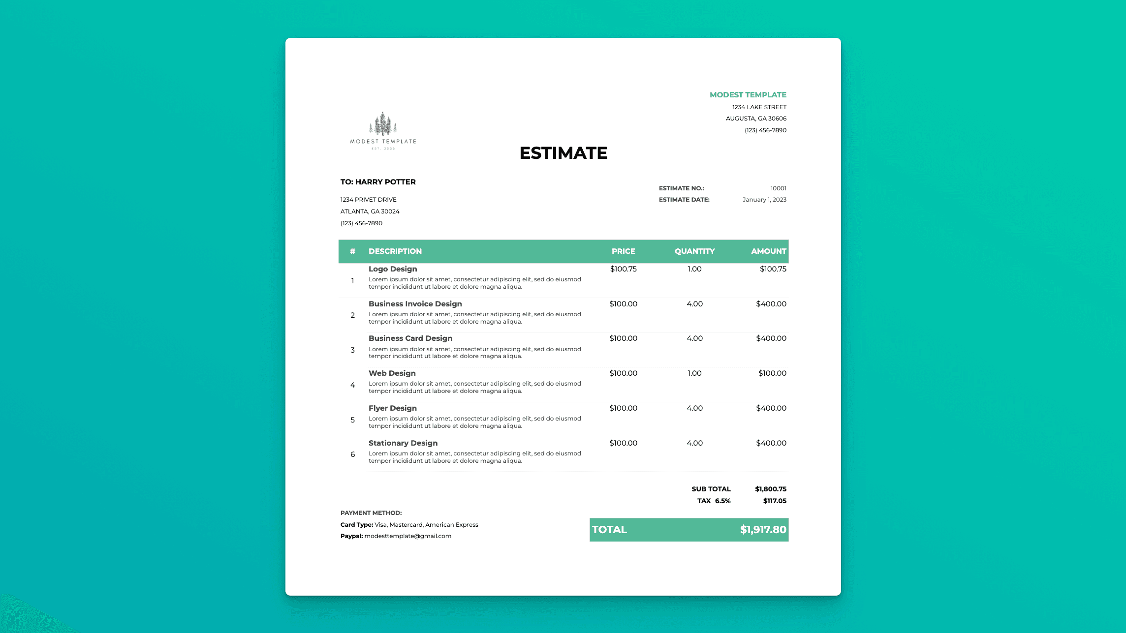 Estimate spreadsheet template displaying itemized services, quantities, and totals for professional client proposals.