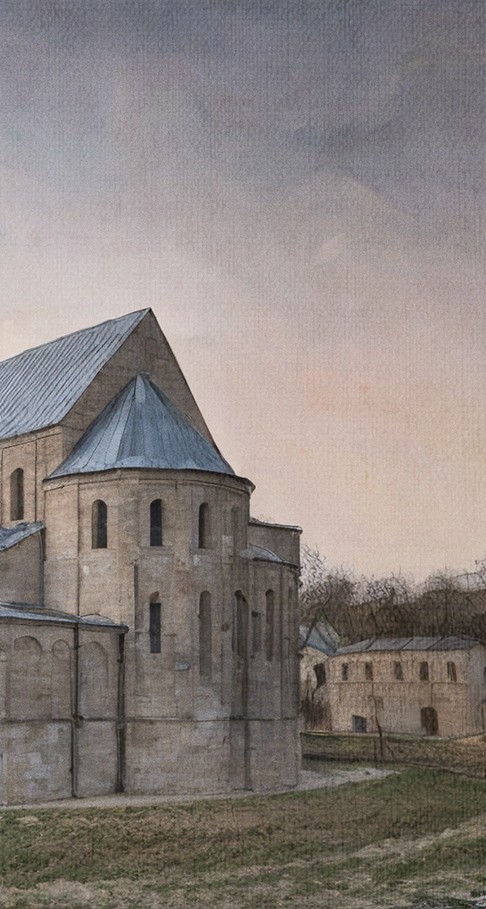 Sacred artwork by Faith and Verse. © Faith and Verse, 2025. All rights reserved. Romanesque church architecture of old Magdeburg Cathedral where Saint Norbert served as archbishop—stone walls and rounded arches against an overcast sky, evoking the austere reform world of 12th-century Germany.