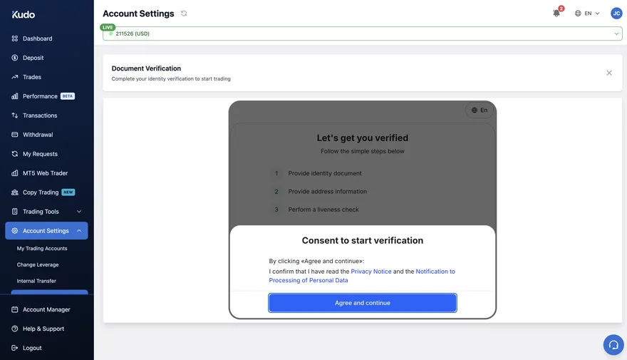 Document verification in Account Settings