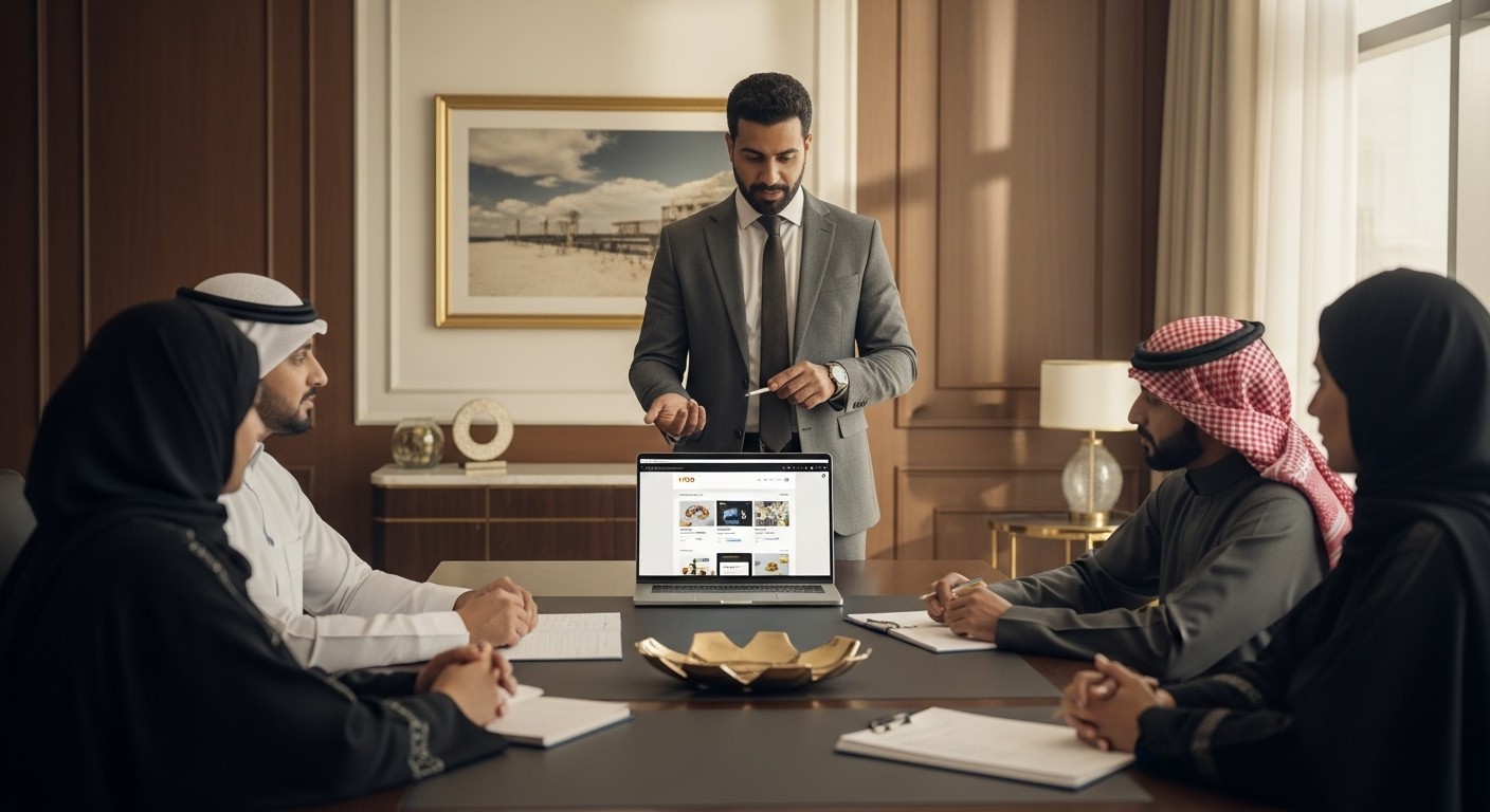 A meeting room scene with four people in business attire, two men in traditional Saudi thobes and two women in hijabs, sitting around a conference table. One man, standing in a suit and tie, is presenting something on a laptop. The image is on a website for a No-Code Agency called "VIROX" that targets Saudi Arabia and Egypt.