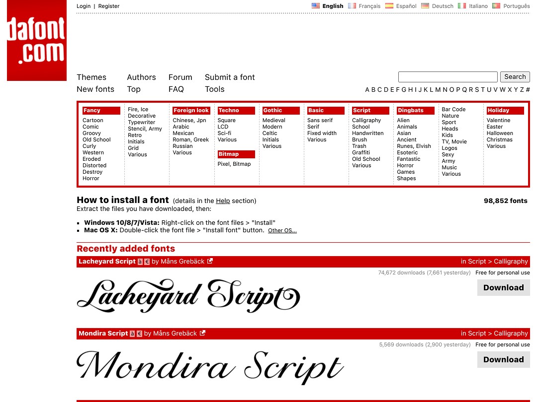 The image shows a webpage from dafont.com, featuring a directory of various typefaces and fonts, with recently added script fonts like "Lacheyard Script" and "Mondira Script," along with download options.