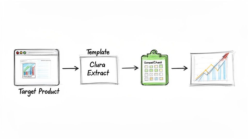 Diagram showing data flow: target product to template extraction, then spreadsheet, finally visualized as an upward trend graph.