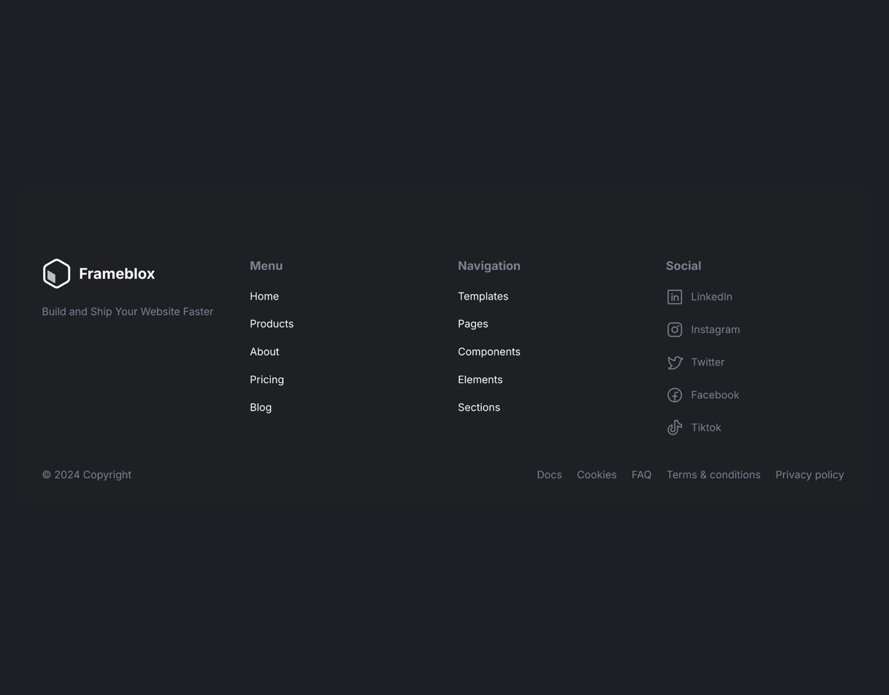 Framer Dark Footer Section - Frameblox UI