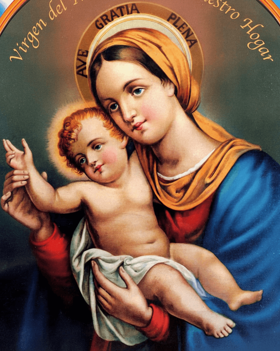 Classical religious painting of the Virgin Mary holding infant Jesus, featuring a golden halo inscribed with “Ave Gratia Plena.” Mary wears a blue mantle and golden headscarf, symbolizing purity and divine grace. The child Jesus, wrapped in white cloth, raises a hand in blessing. This Christian artwork reflects maternal love, sacred iconography, and Marian devotion. Often associated with the Sisters of Our Lady of the Garden, whose emblem symbolizes charity, service, and spiritual growth.