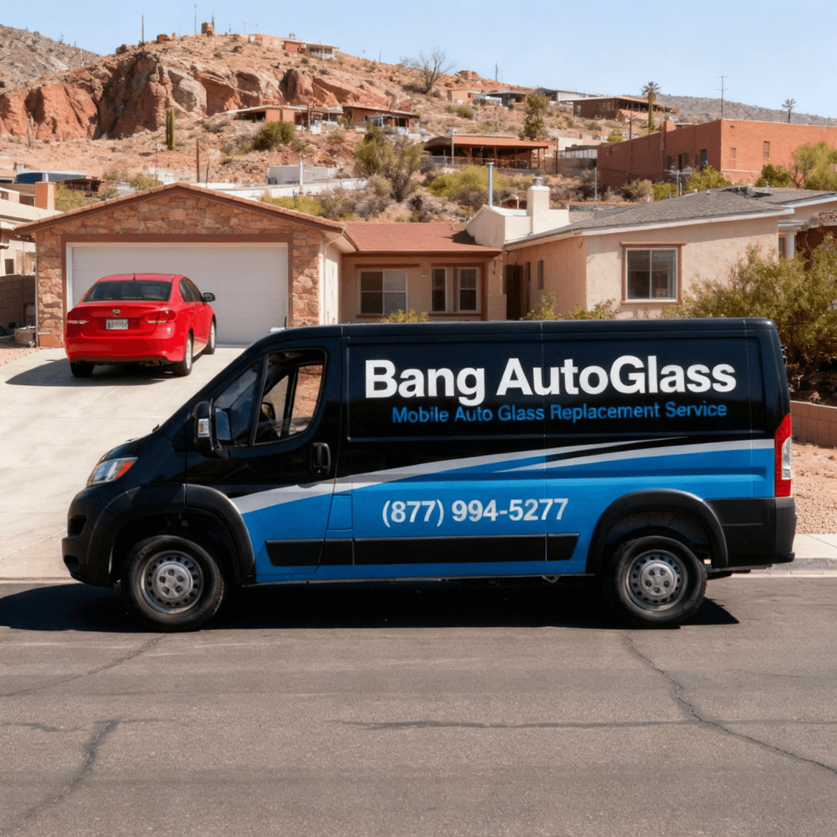 Bang AutoGlass service vehicle on location for a mobile windshield repair visit in a Bisbee, AZ neighborhood