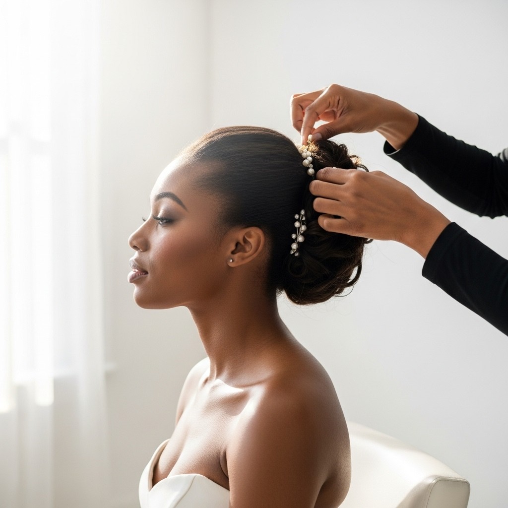 Hands place pearl pins into a Black woman's elegant updo. Serene profile view in a bright, minimalist room.