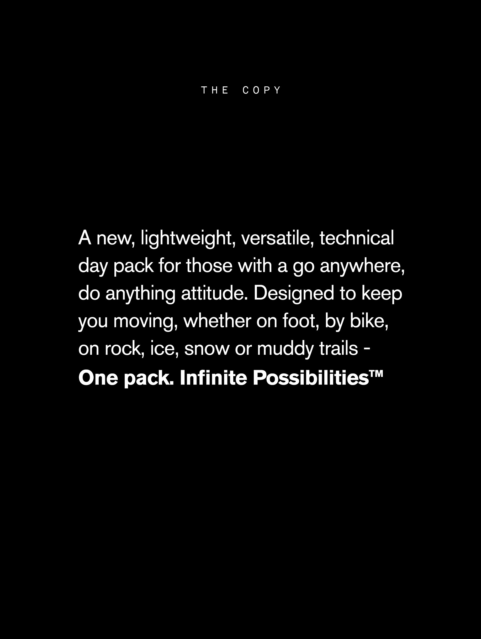 Campaign message reading One pack Infinite possibilities, promoting the versatility of the Lowe Alpine Aeon backpack.