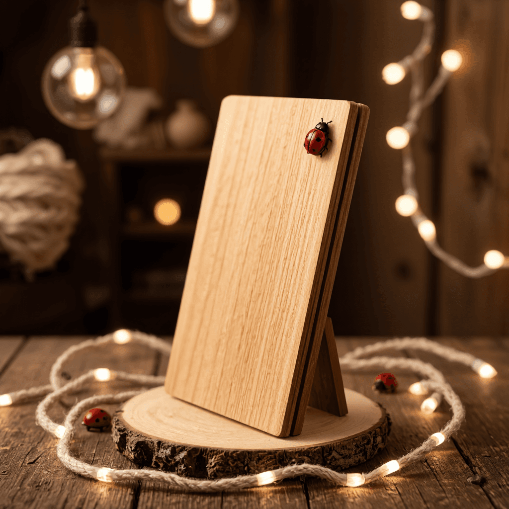 product photography of a wooden display stand with decorative rope and ladybug accents