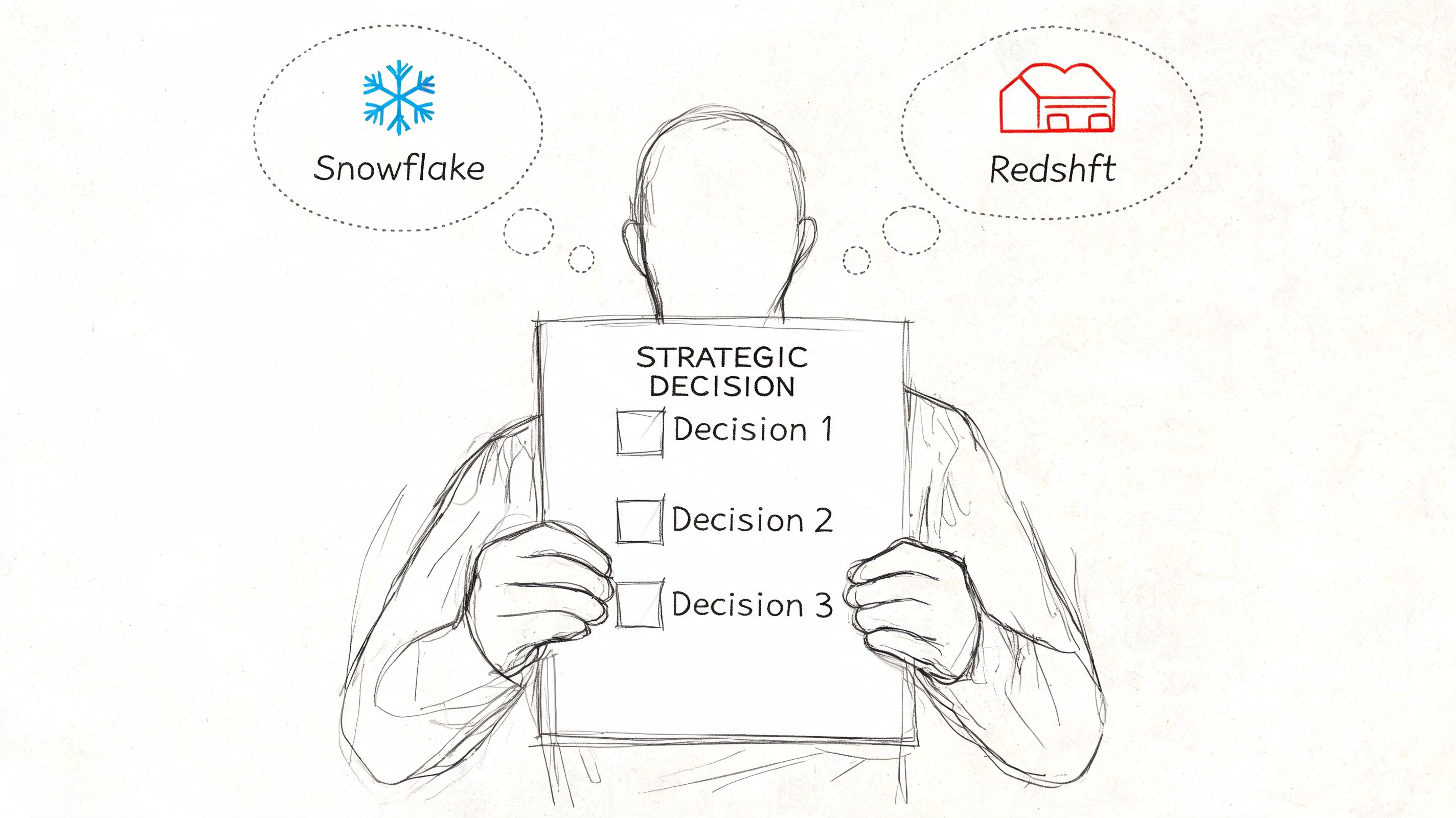 A person holding a strategic decision board considering the choice between Snowflake and Amazon Redshift platforms.