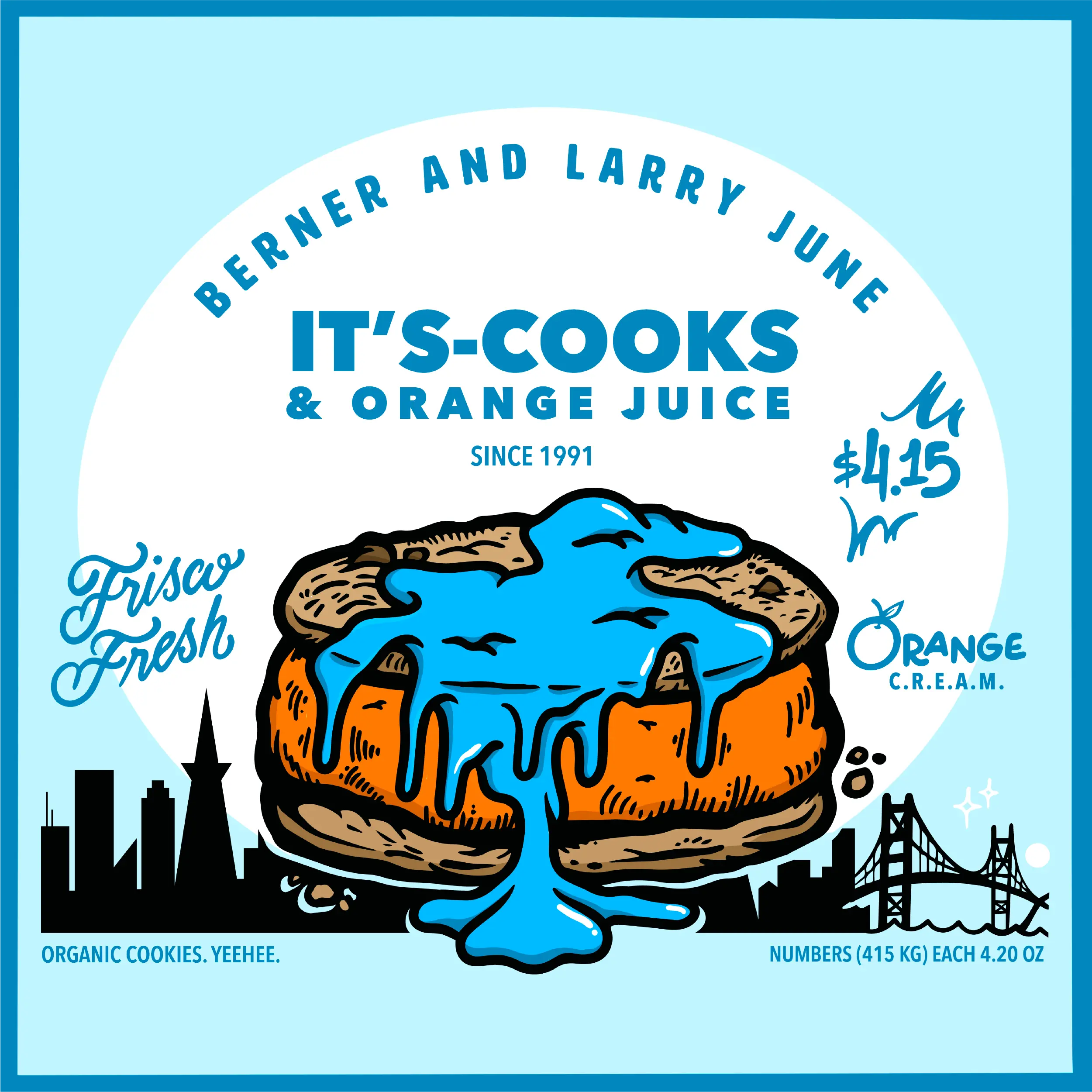 Illustration of orange ice cream sandwiched between two cookies with blue sauce on top, featuring “It’s-Cooks & Orange Juice” lettering and artist names Berner and Larry June.