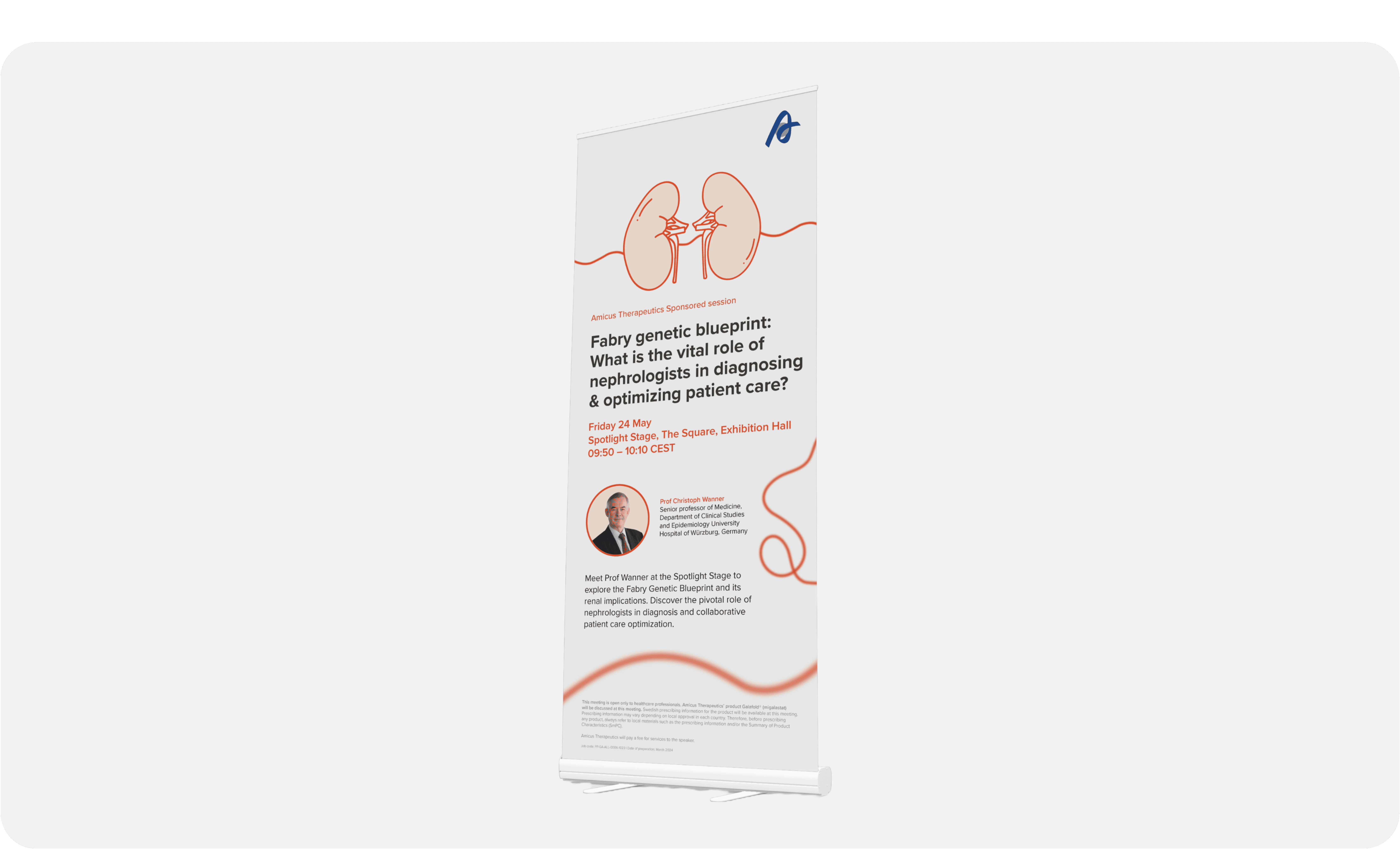 A sleek phone, likely an iPhone 16 Pro, is displayed at an angle between dark rock formations. The screen shows a futuristic design and download promo