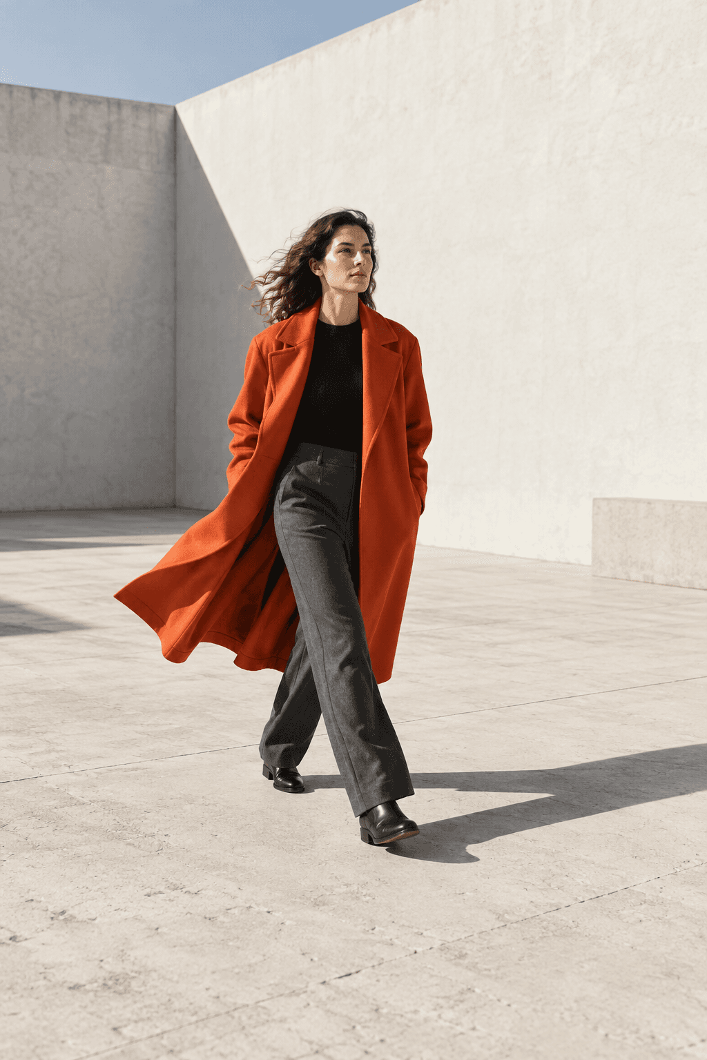 Original fictional adult woman in an orange-red coat beside pale architecture.