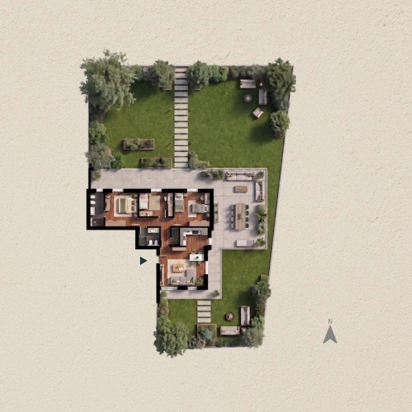Planimetria e piantina di un grande appartamento quadrilocale nuovo con tre camere da letto, doppi servizi ed enorme giardino privato su tre lati, nell'area metropolitana di Torino (Collegno).