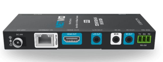 Black device with various input/output ports labeled