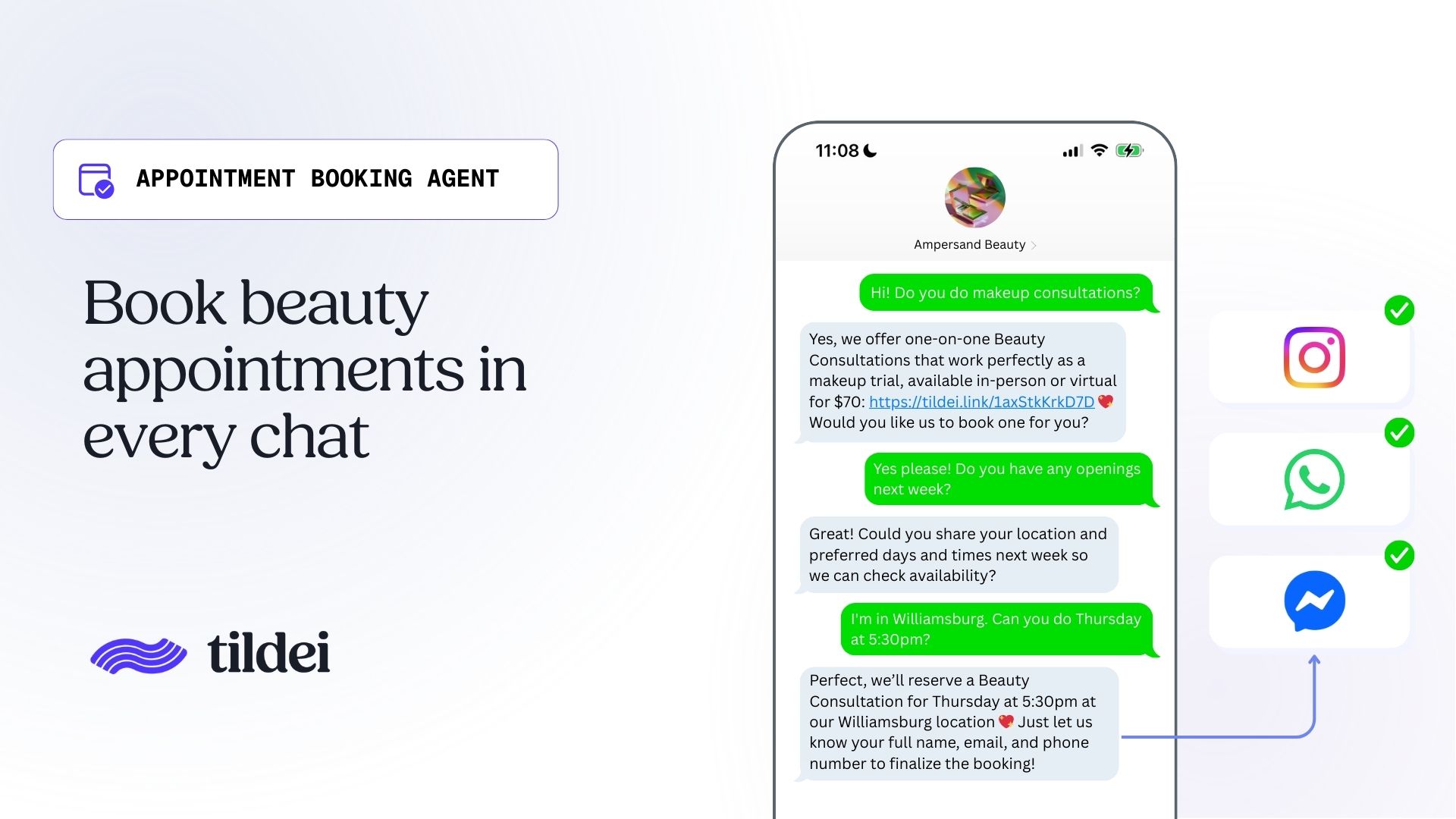 A Tildei promotional graphic for their Appointment Booking Agent feature, showing the same Ampersand Beauty booking conversation alongside platform logos for Instagram, WhatsApp, and Facebook Messenger, illustrating that the booking flow works across multiple chat channels.