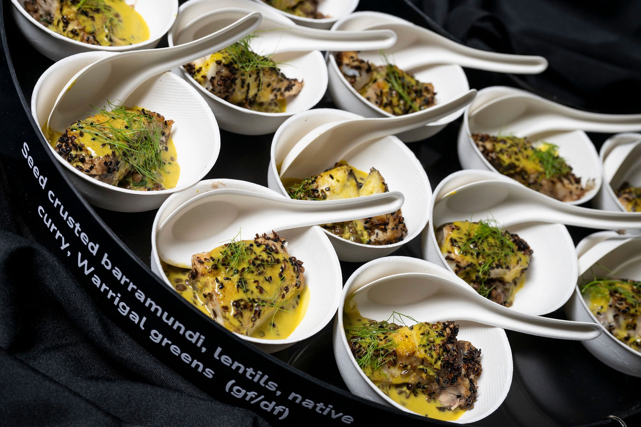 Tray served barramundi substantial canape for the Australian Tourism Exchange