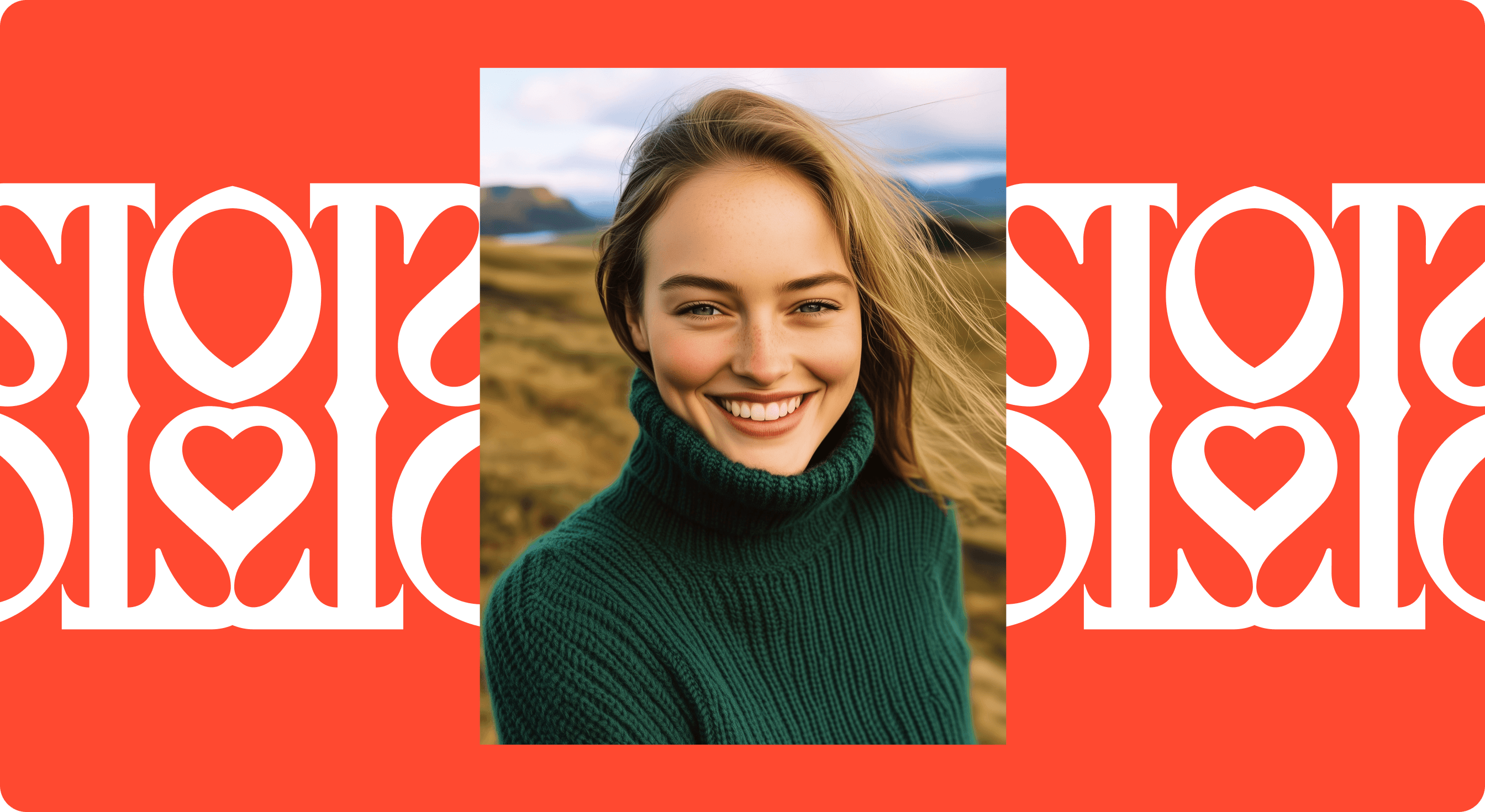 A smiling person with wavy hair against a vibrant orange background featuring a repeating pattern.