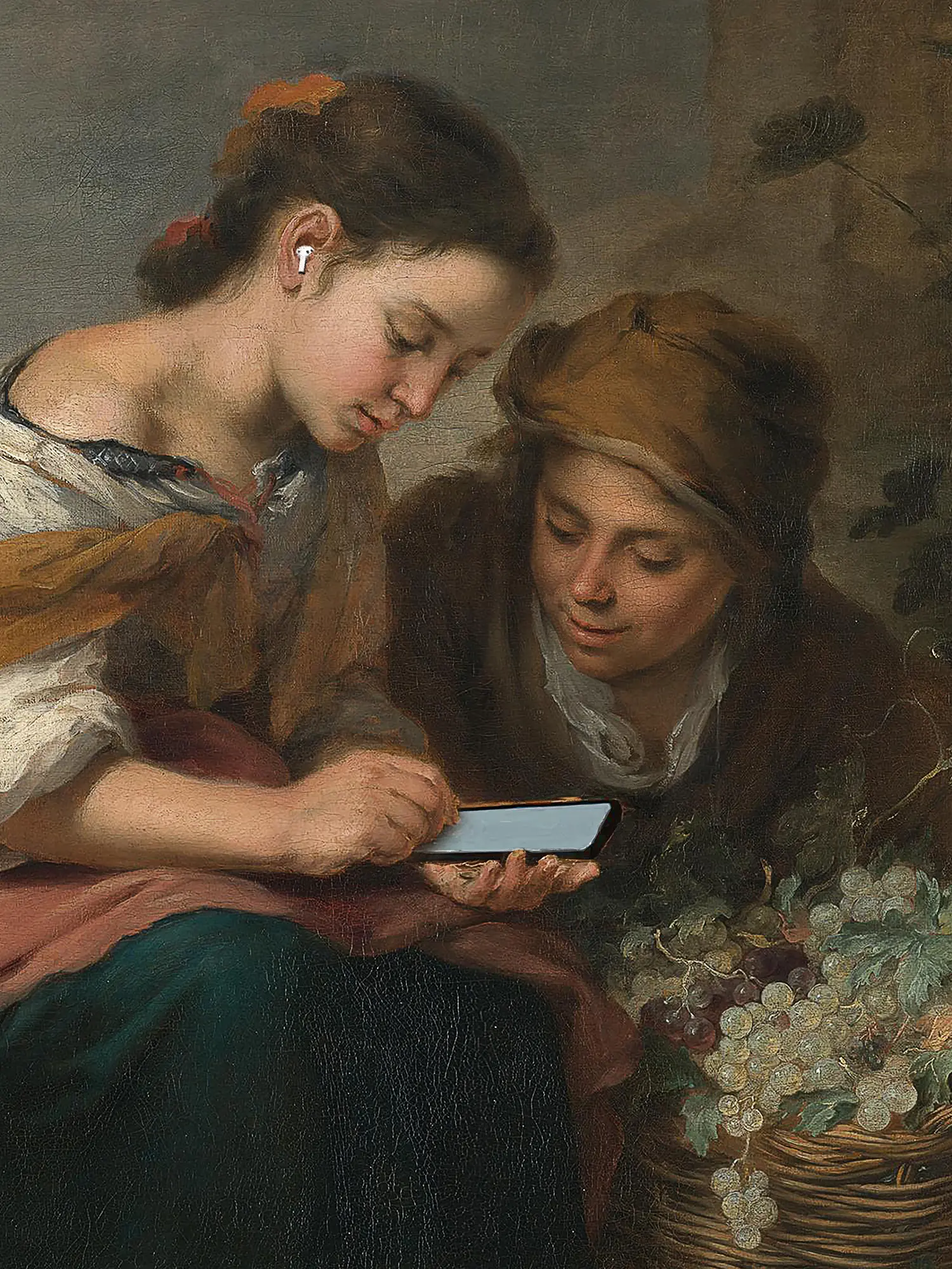 Murillo-artiges Barockgemälde mit zwei Kindern und Traubenkorb; beide schauen auf ein leuchtendes Smartphone, das Mädchen trägt einen kabellosen Ohrhörer.