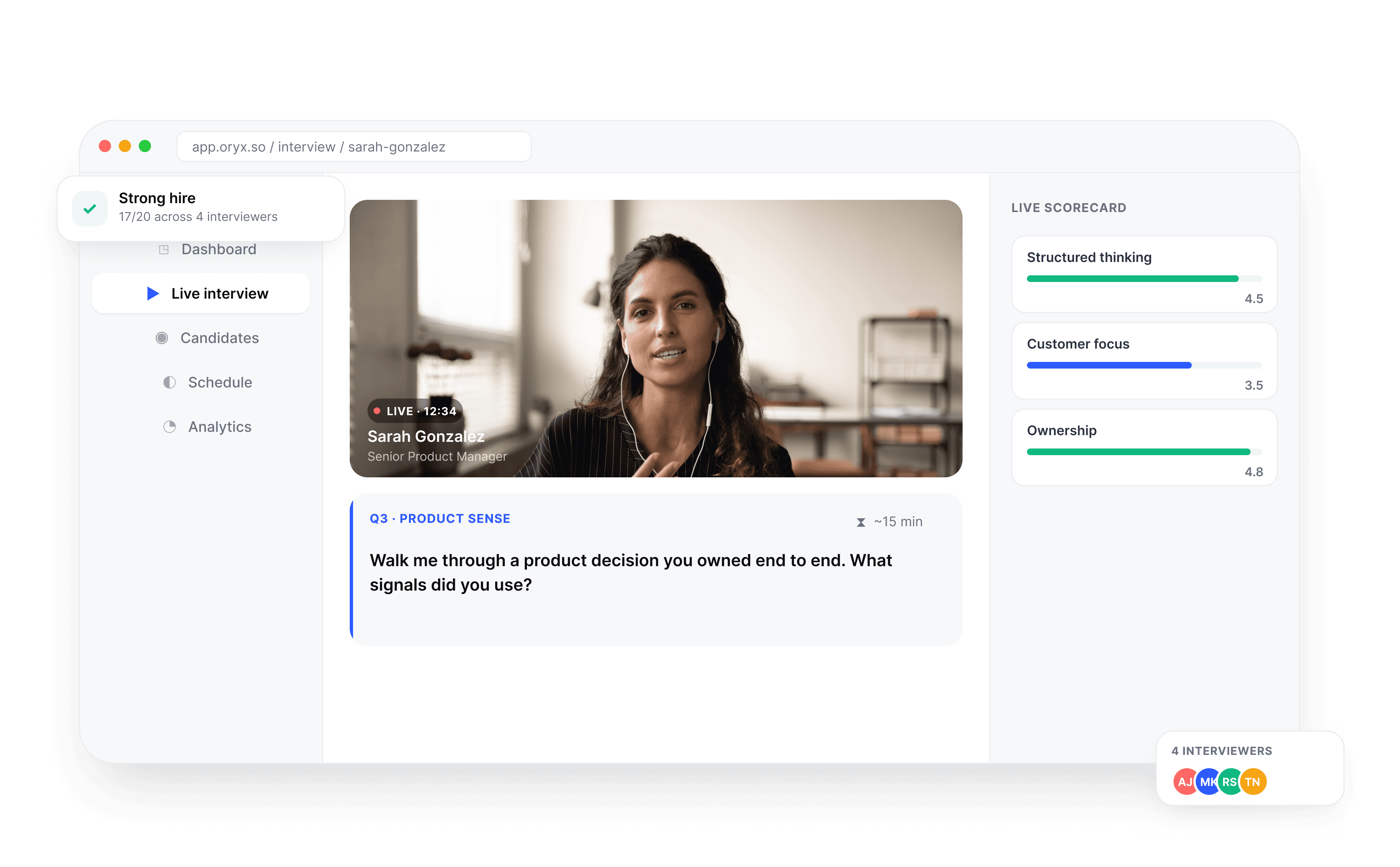 Screenshot of an oryx structured interview in progress, showing candidate video, interview guide, and scoring option