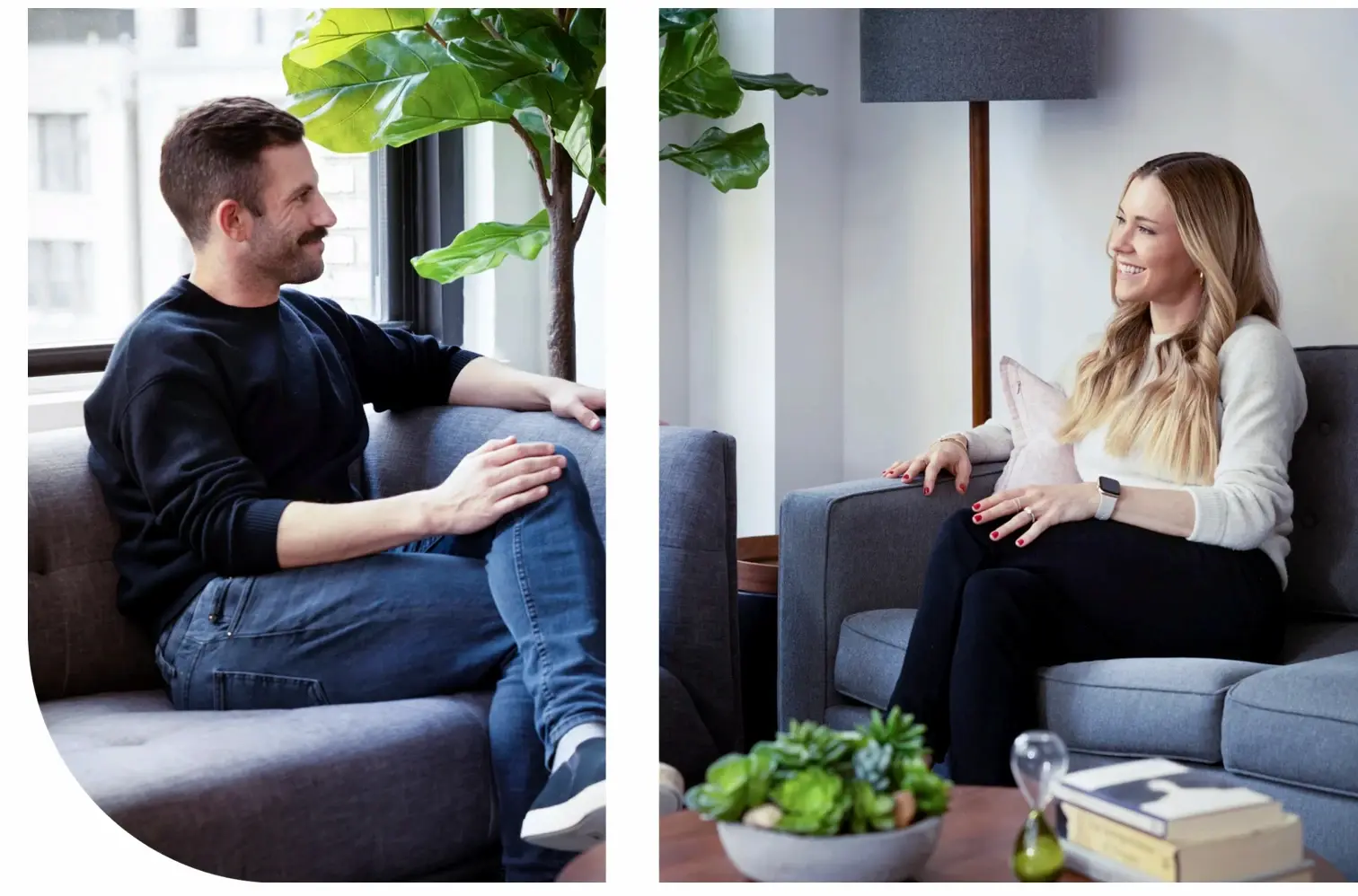 Therapist and client in conversation during an LGBTQ affirming therapy session at Expansive Therapy office in New York, featuring a calm, modern space with natural light and plants.