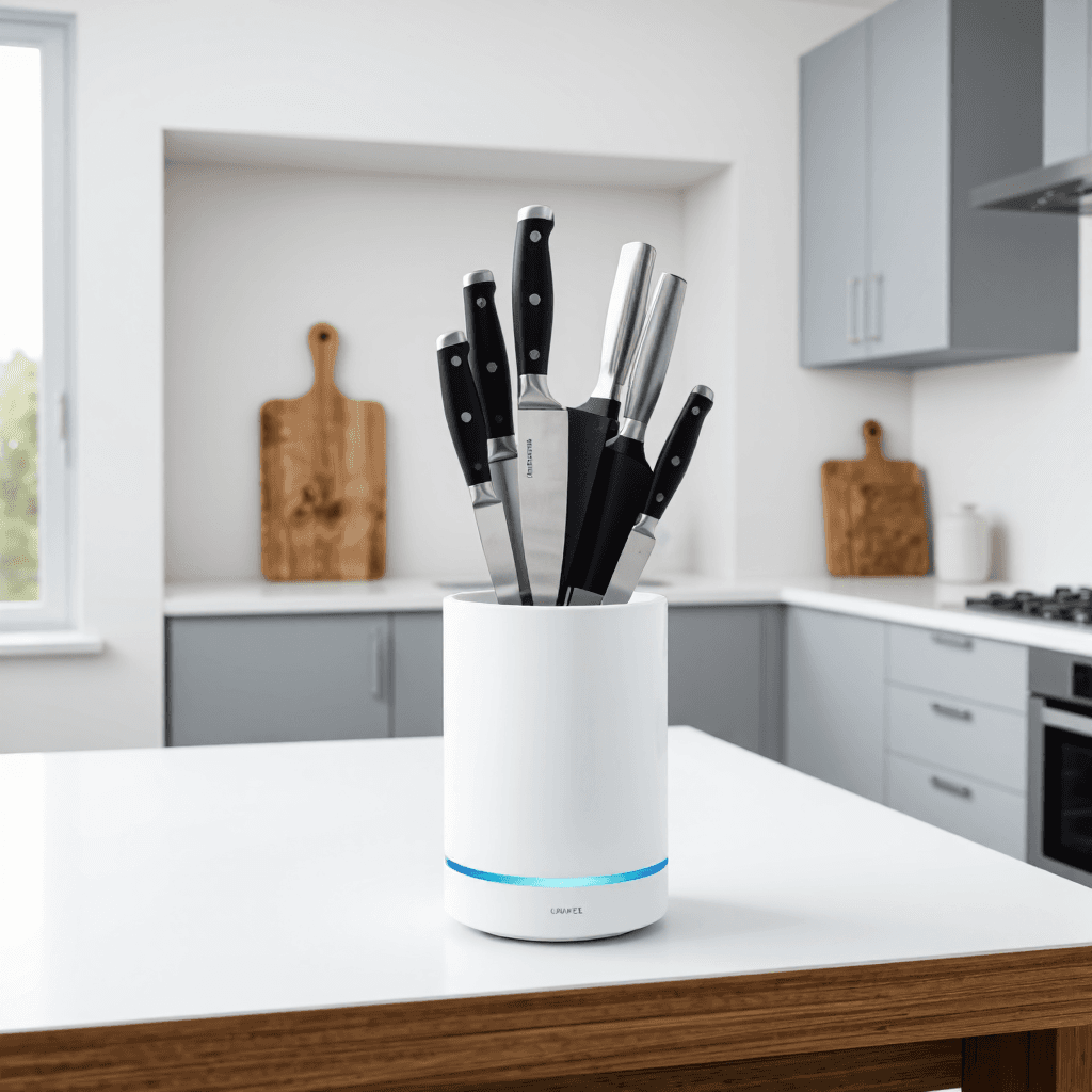 product photography of a knife holder with utensils