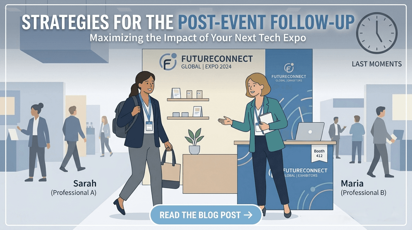 Final moments of a booth conversation before follow-up commitment 