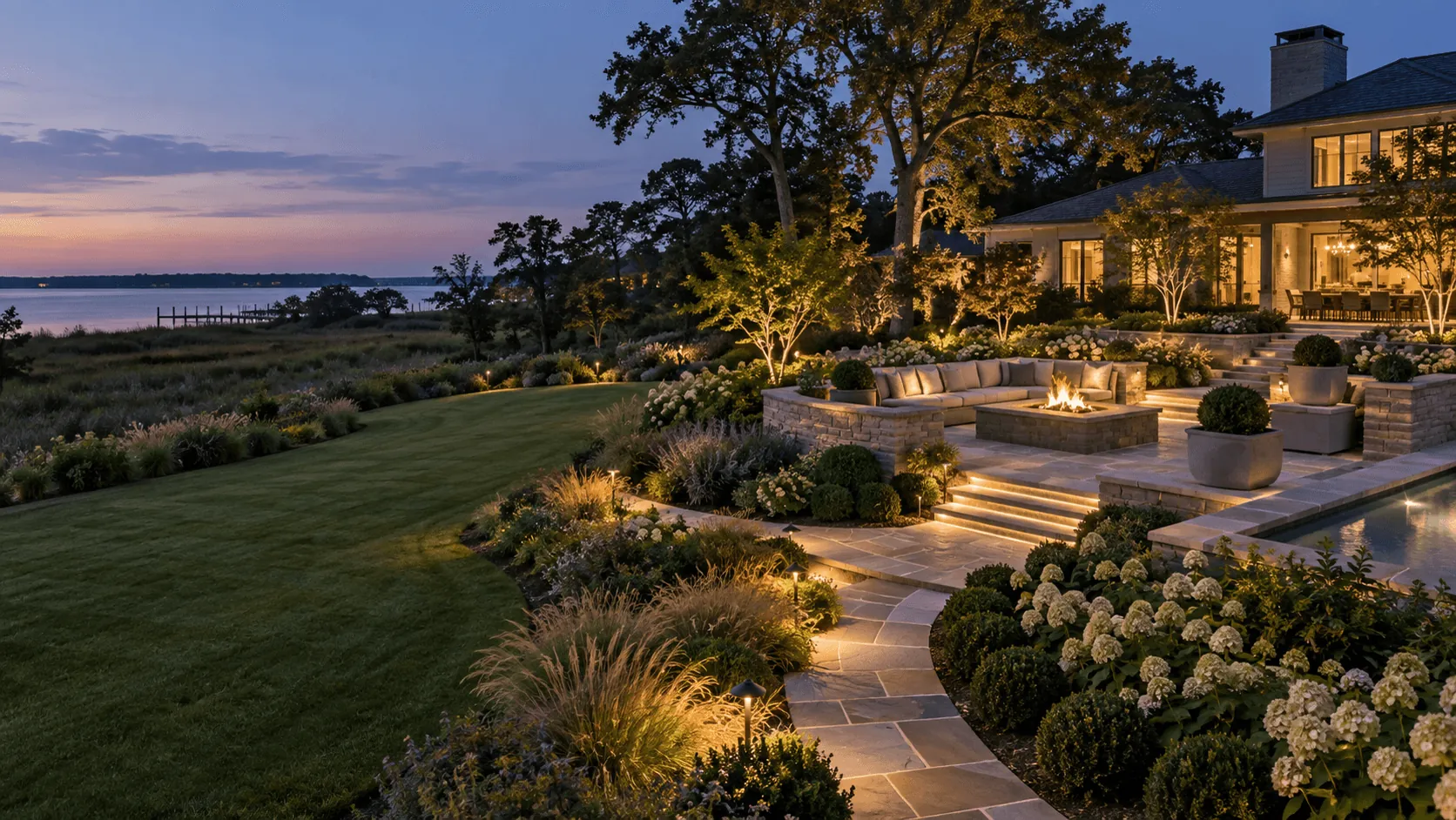Landscaped waterfront property at dusk with a lit stone terrace, fire pit, planting beds and a curving stone path