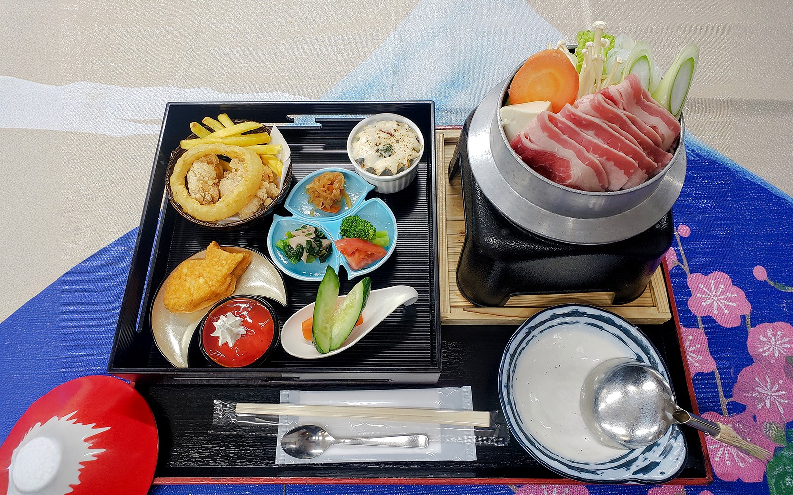 Mount Fuji view with premium lunch setup on a day tour in Japan.