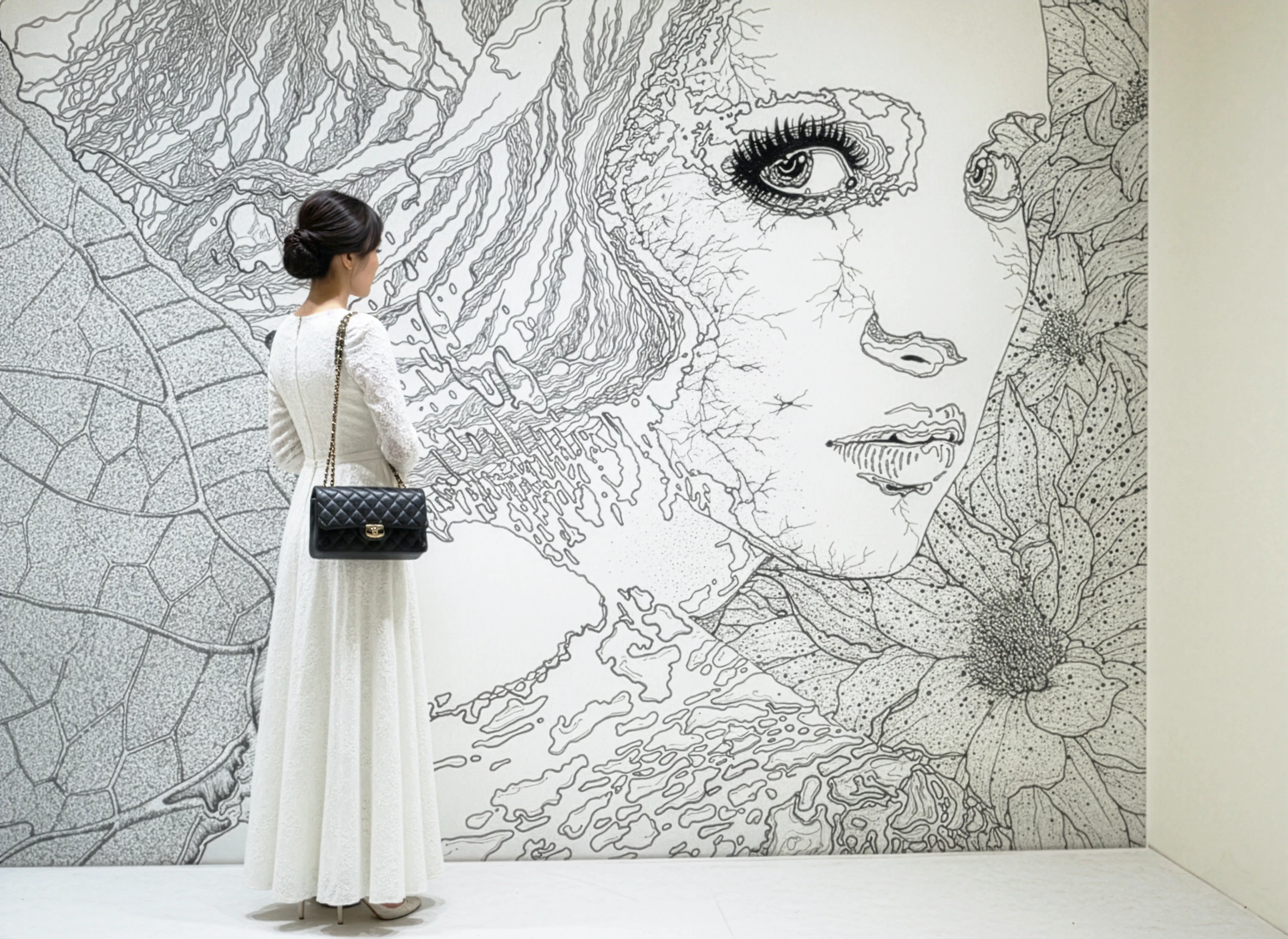 手繪牆面插畫設計｜大型藝術人像壁畫｜黑白線條風格藝術牆