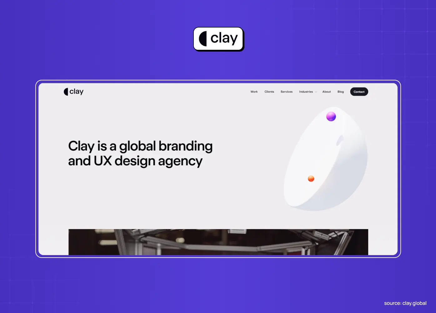 Clay website presenting a global branding and UX design agency with minimalist typography and abstract 3D artwork.