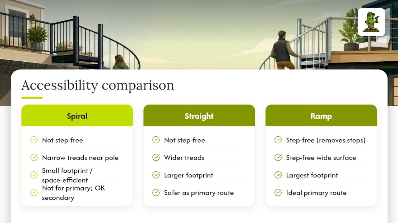 Accessibility comparison of stair and ramp options