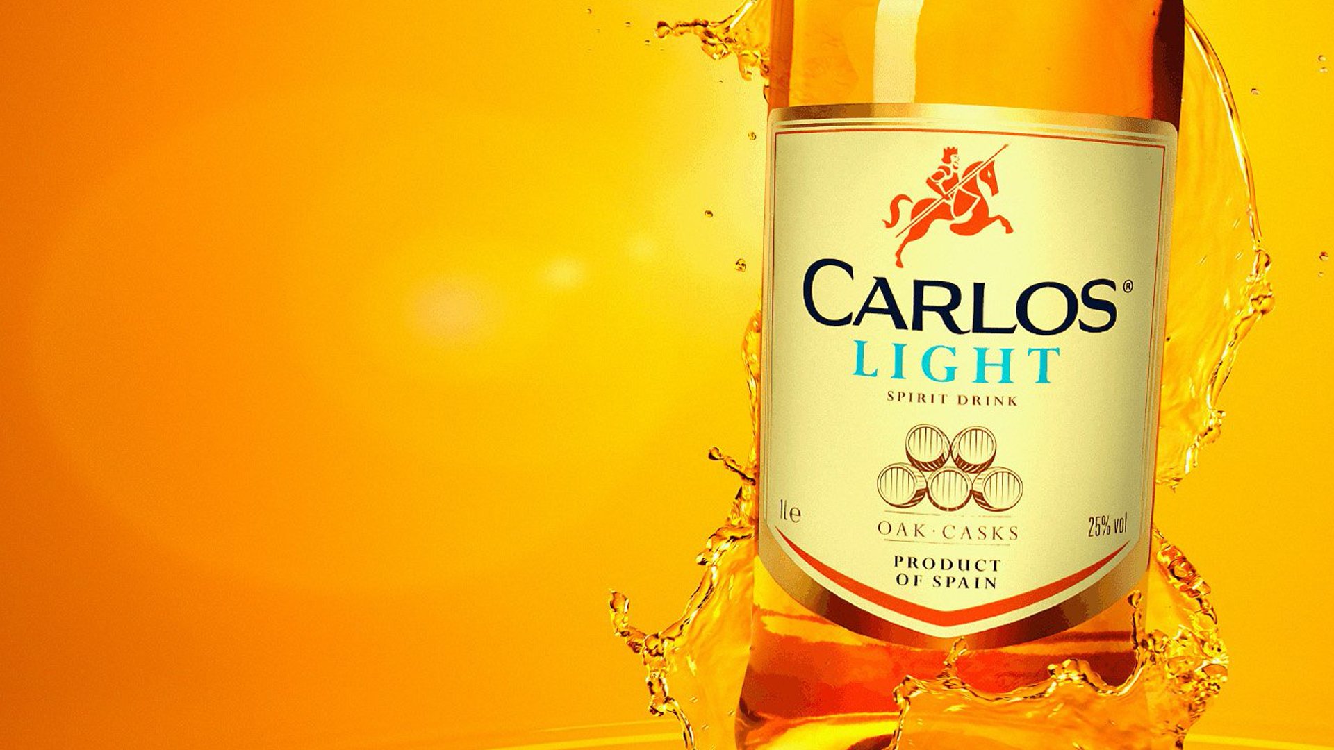 A bottle of Carlos Light Spirit Drink, labeled at 25% alcohol, is splashed with liquid against a vibrant orange background, conveying freshness and energy.