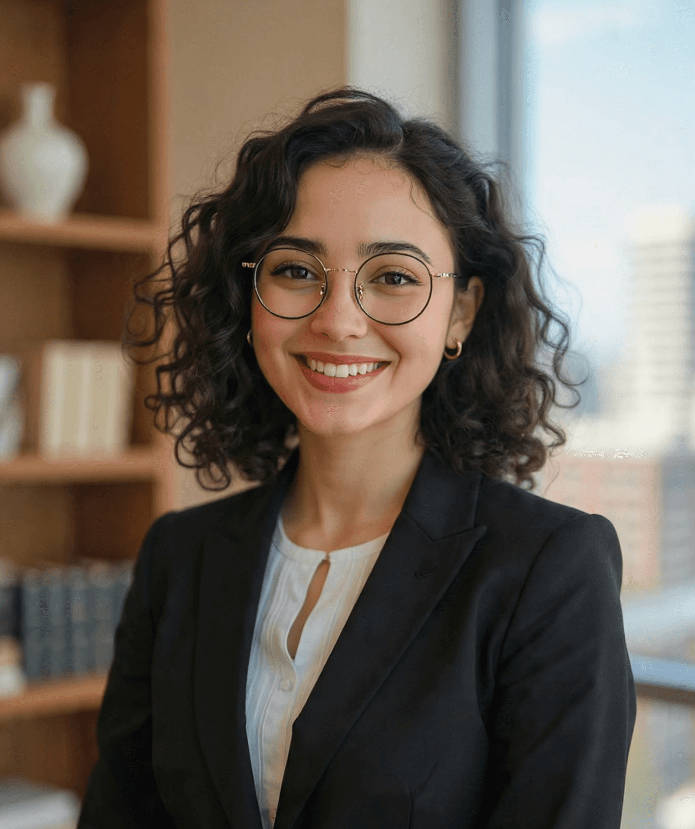 Smiling woman with curly hair and glasses in a black blazer stands in a bright office. Background includes a window with city view and bookshelves.