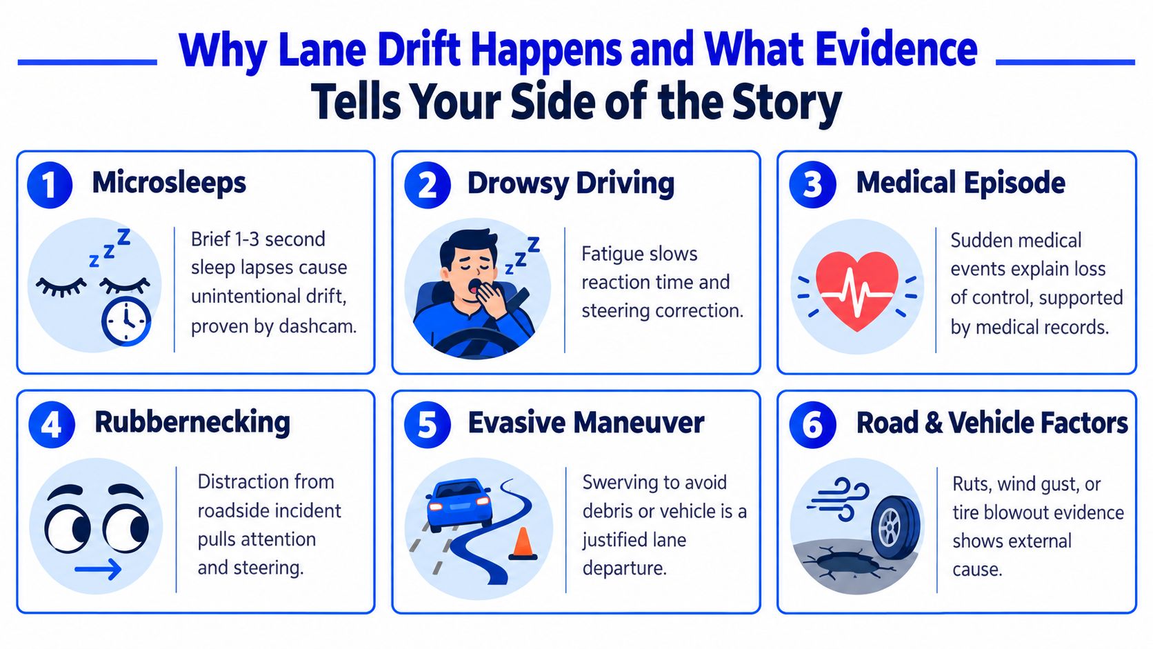 An infographic showing six common causes of lane drift, including driver fatigue, medical issues, and road conditions.