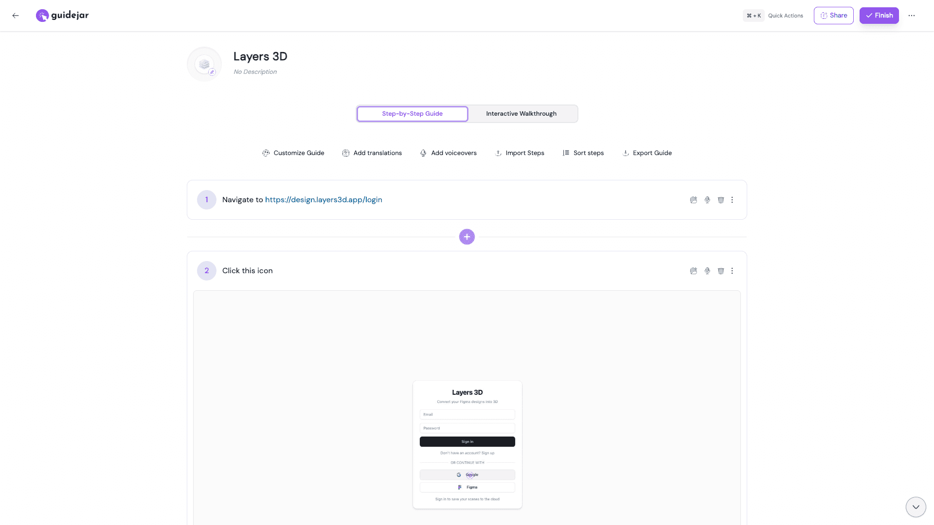Guidejar step-by-step guide editor with numbered steps and screenshots