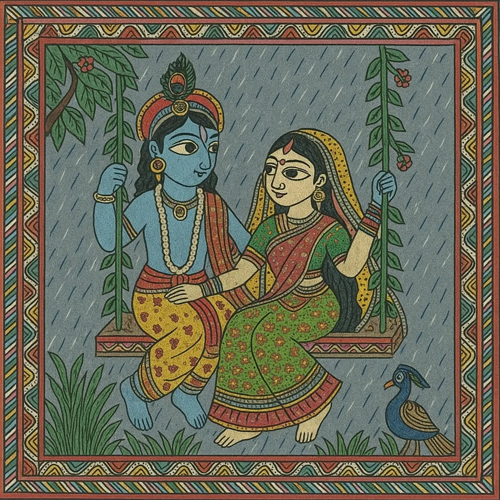 Radha- krishna, rains, swing