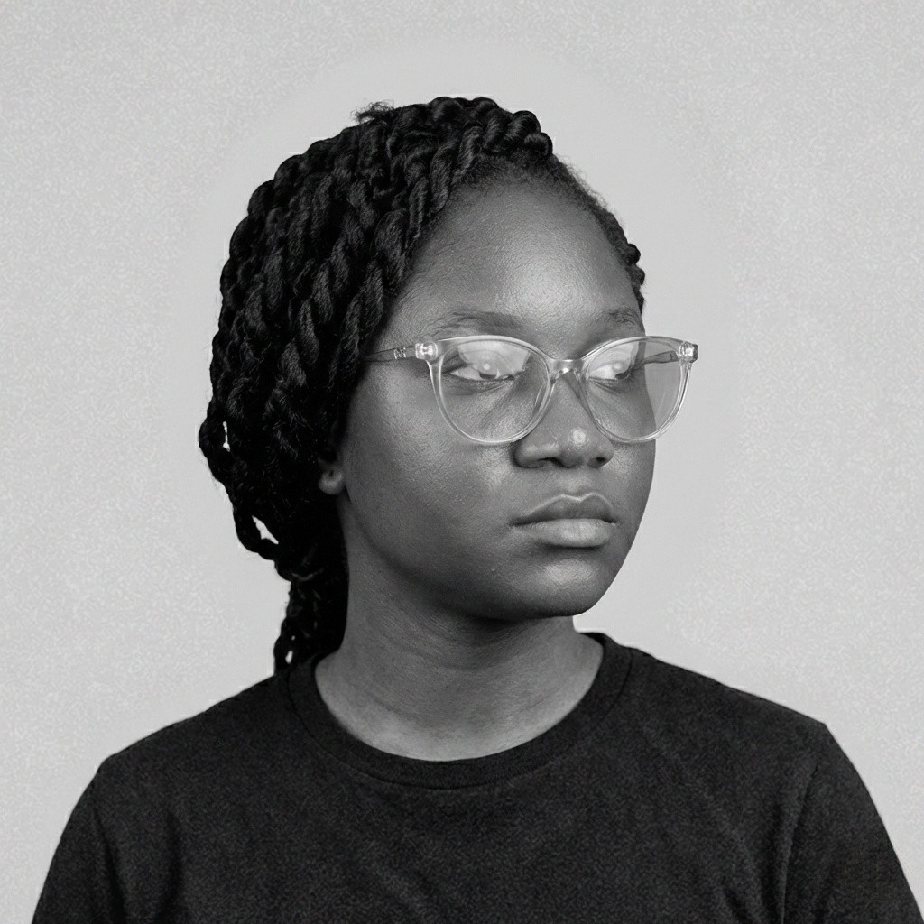 Portrait of a woman with straight long hair, in a dark t-shirt, set against a neutral backdrop.