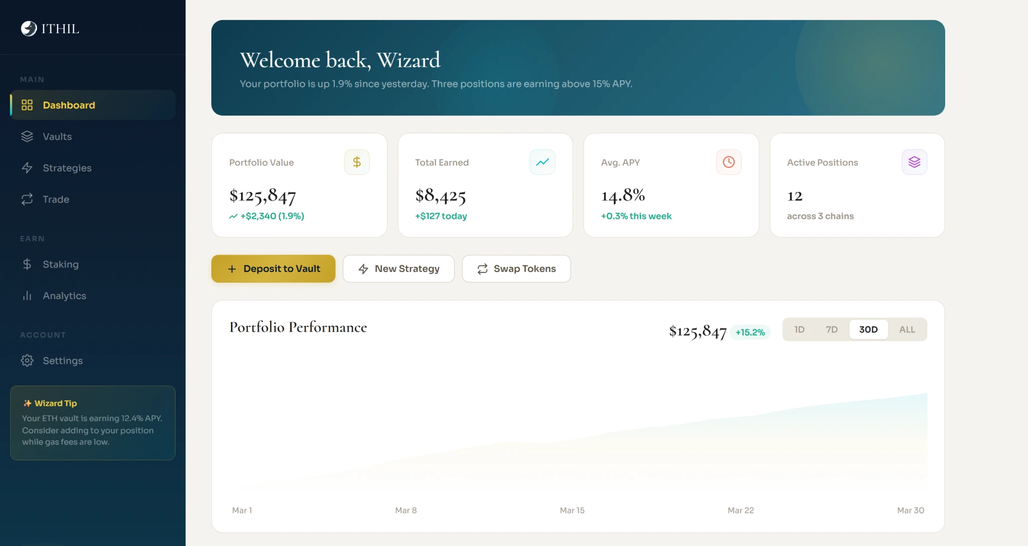 ITHIL dashboard opening on a teal banner that reads Welcome back, Wizard, above portfolio cards and a gold Deposit to Vault button