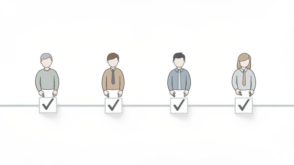 Four diverse individuals, including a woman and three men, standing behind checkmark boxes.