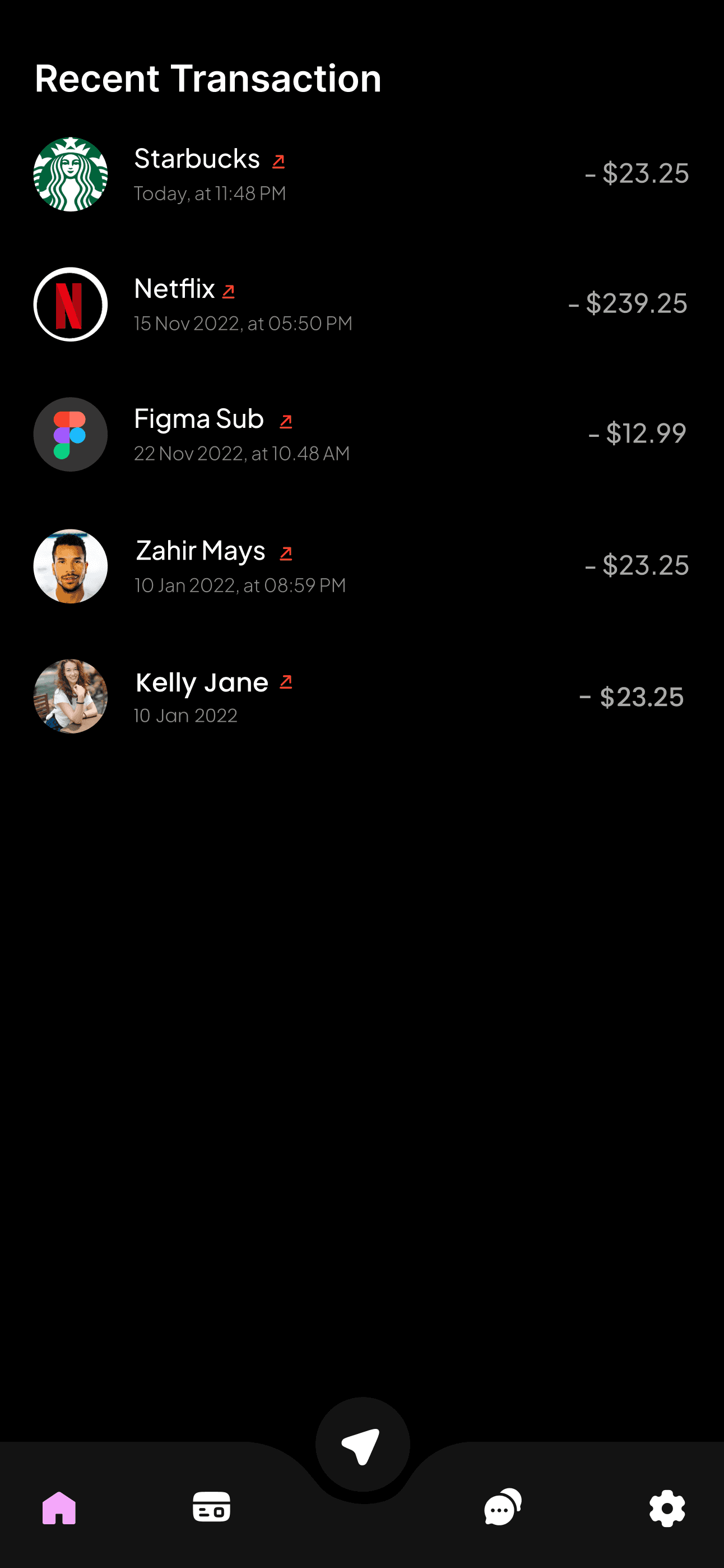 Dark mode mobile UI showing Recent Transaction list for Starbucks, Netflix, Figma Sub, Zahir Mays, and Kelly Jane.