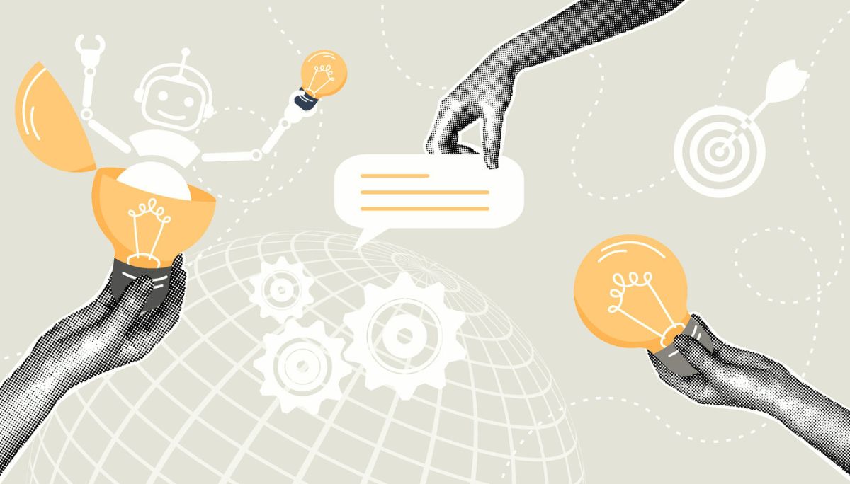 Stylized collage of hands holding glowing light bulbs with robot figure, speech bubble and gears, symbolizing benefits of chatbots for business and customers.